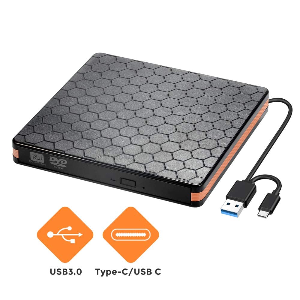 External DVD CD Drive, External CD Rewriter Burner Reader with USB 3.0 and Type C Interface, High Speed Data Transfer USB Optical Drives for Win10/XP/Win 7/Win 8, Laptop, Mac, Macbook Air/Pro