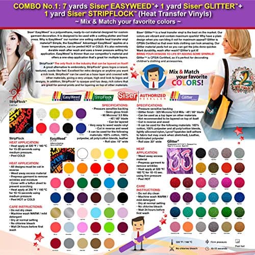 GERCUTTER Store - COMBO No.1: 7 Yards Siser EasyWeed + 1 Yard Siser Glitter + 1 Yard Siser StripFlock Heat Transfer Vinyls (Mix & Match your favorite colors)