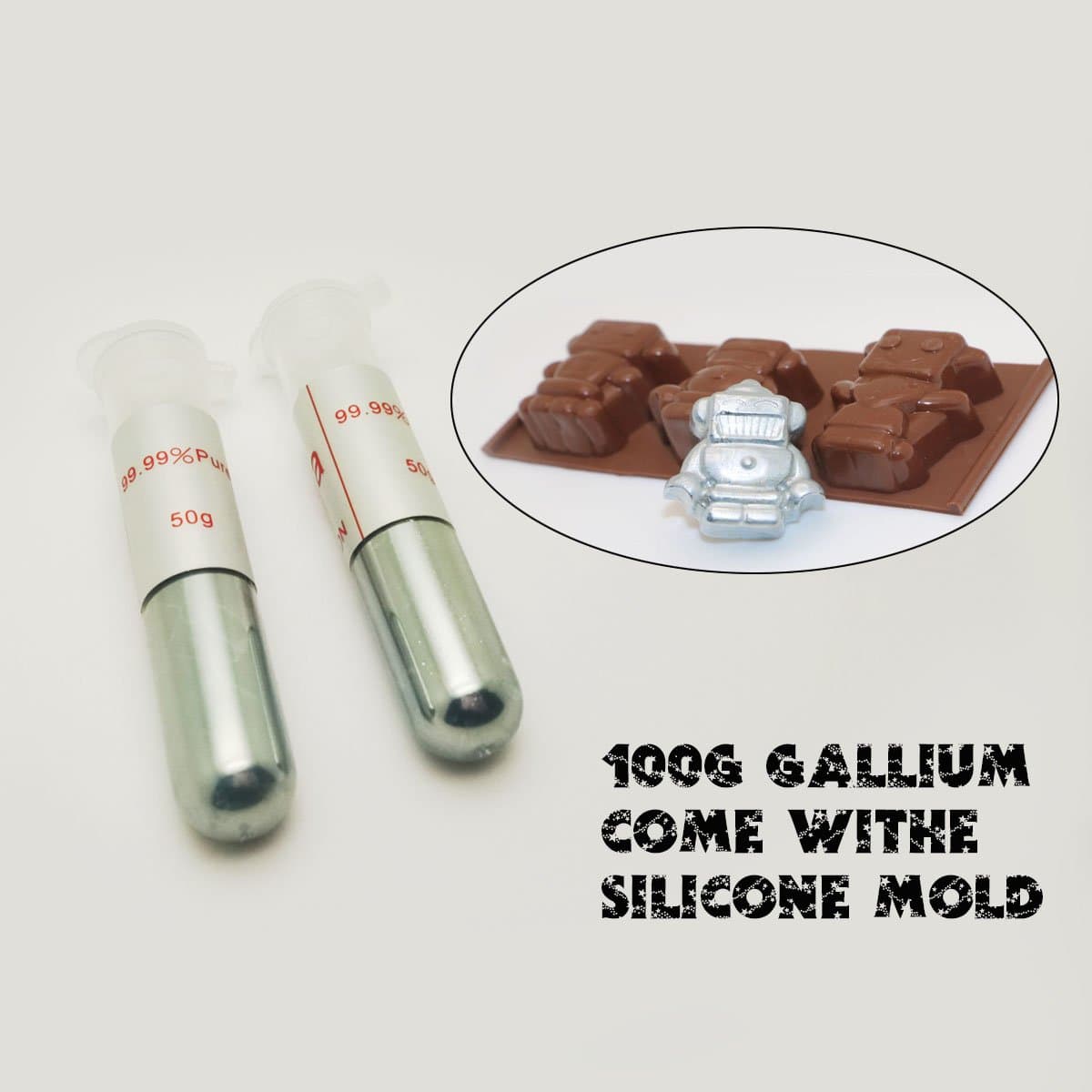 Gallium 99.99% Pure 100 Grams With Robot Shape Silicone Mold
