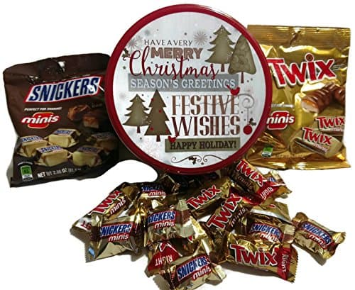 Chocolate Christmas Candy Tin - 1- 2.86oz. Snicker Bars and 1 - 2.83 oz. Twix Candy Bars
