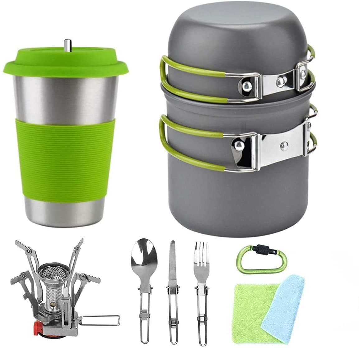 Bisgear 20pcs Camping Cookware Backpacking Stove Mess Kit, Camping Pots and Pans Set with 2 Cups, Fork Spoon Utensil, Camping Cooking Set