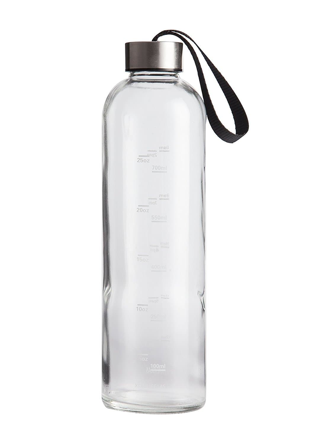 Xtremeglas Hydrate Replacement Bottle 32 Oz Glass Water Bottle with Black Strap Lid Reusable Time Marked Eco Friendly BPA Free Drink More Water
