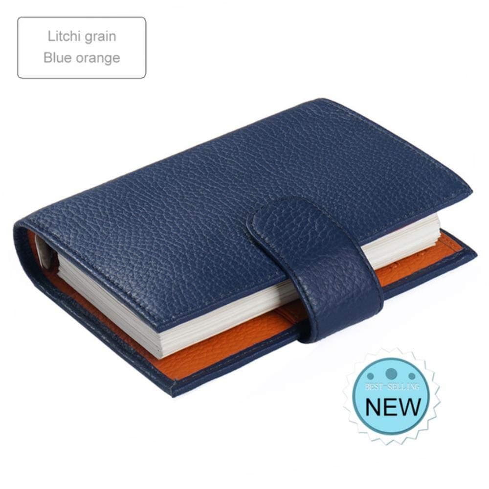 Qingb Genuine Leather Rings Notebook Brass Binder Mini Agenda Organizer Cowhide Diary Journal Sketchbook Planner Big Pocket,Litchi Blue Orange,A7 Cover 142x115mm