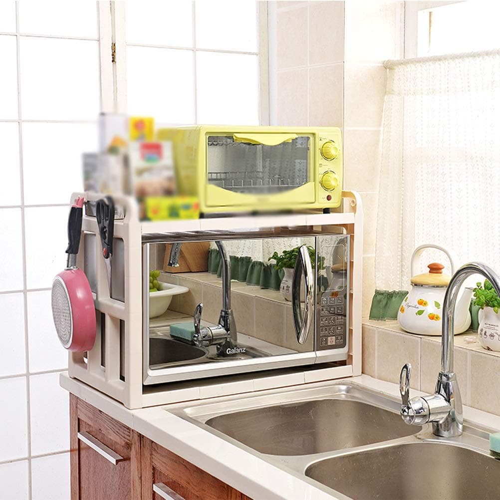 White Microwave Oven Rack Home Shelf Floor-standing Storage Bracket with Hooks