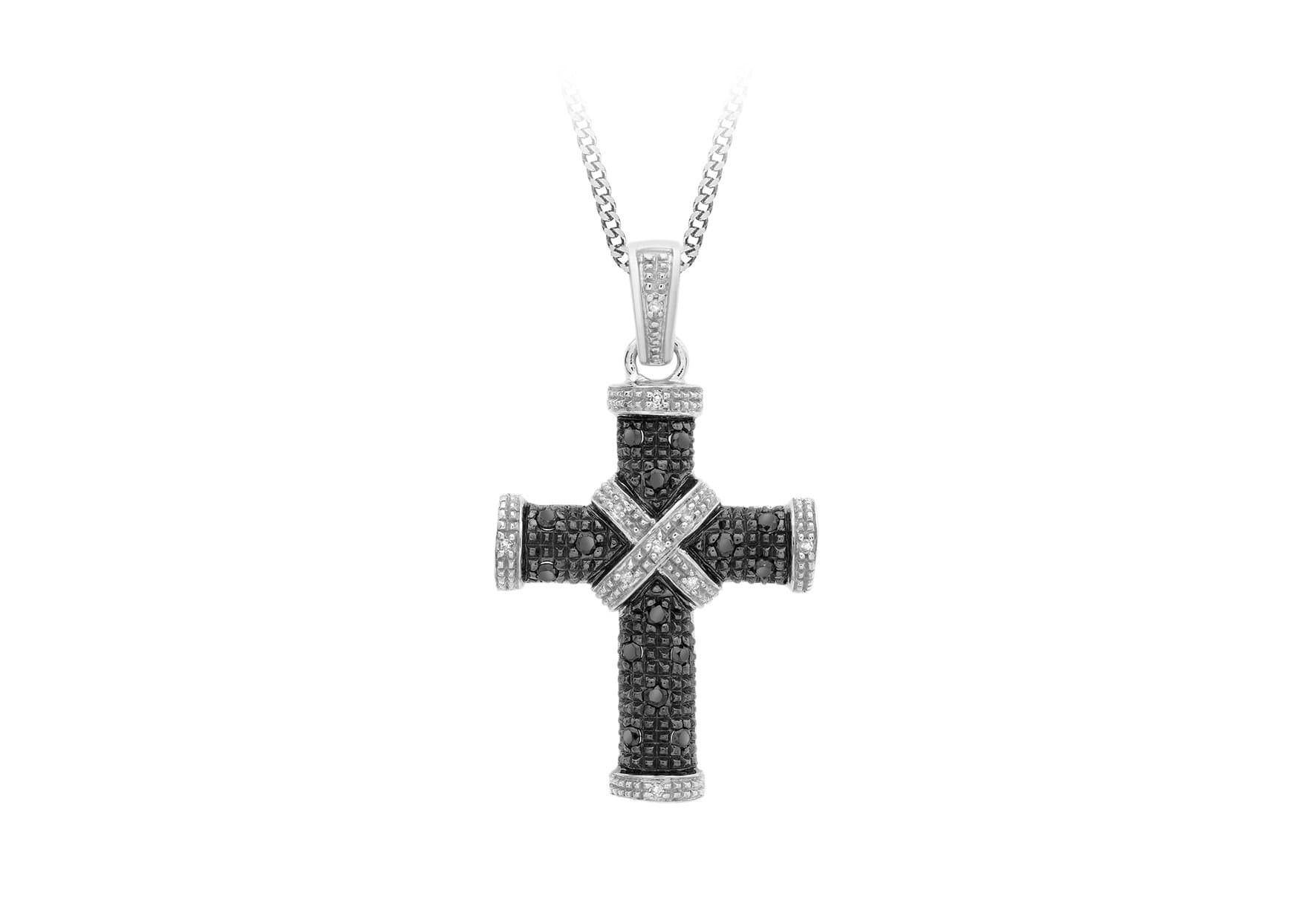 Gold 9 ct White Gold 0.25 ct Black and White Diamond Cross Pendant on Adjustable Curb Chain Necklace of 46 cm/18 inch