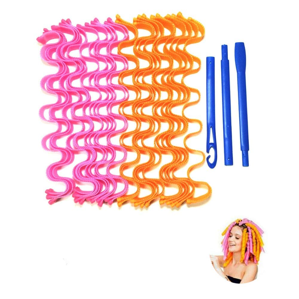 36Pcs 25MM-50MM Heatless Wave Rollers Magic Long Hair Curlers Curl Formers Spiral Rollers Styling Hairdressing Tool (30mm+45mm+50mm, Pink orange)