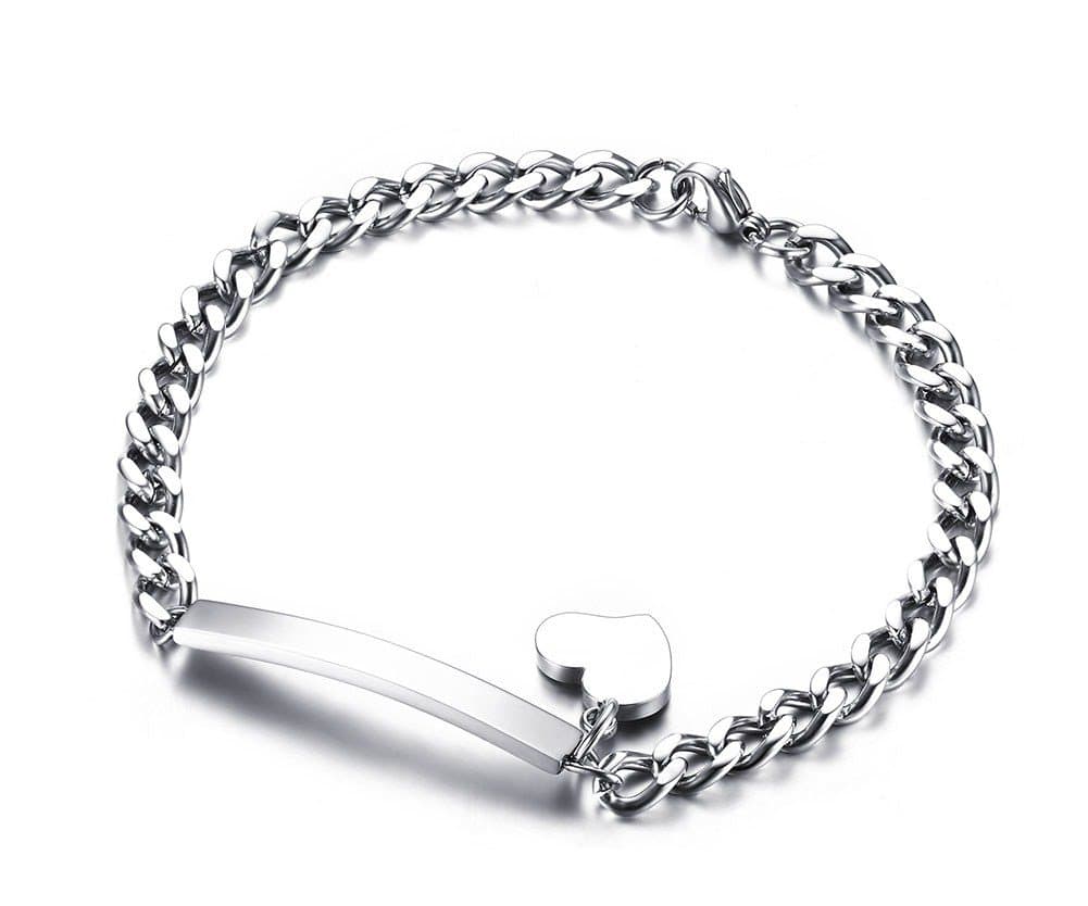 Free Engraving-Stainless Steel Thin ID Tag Chain Bracelets with Small Heart Charm for Women,7.8"