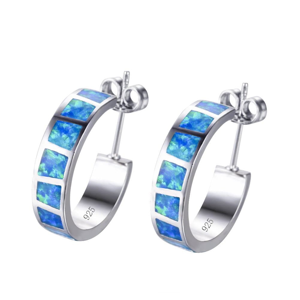 925 sterling Silver Hoop Earring,,Blue and White Opal Stud Hoop Wedding Earring For Girls(Blue)