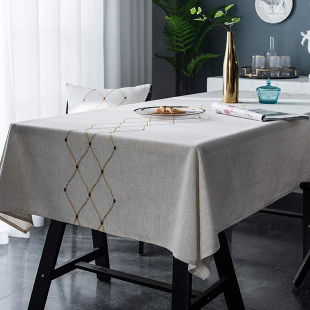 AMZALI Water Proof Table Cloth Geometric Pattern Wrinkle Free Heavy Weight Cotton Linen Tablecloth with Embroidery Decorative Fabric Table Cover for Outdoor and Indoor Use (Rectangle,53 x 102 Inch)