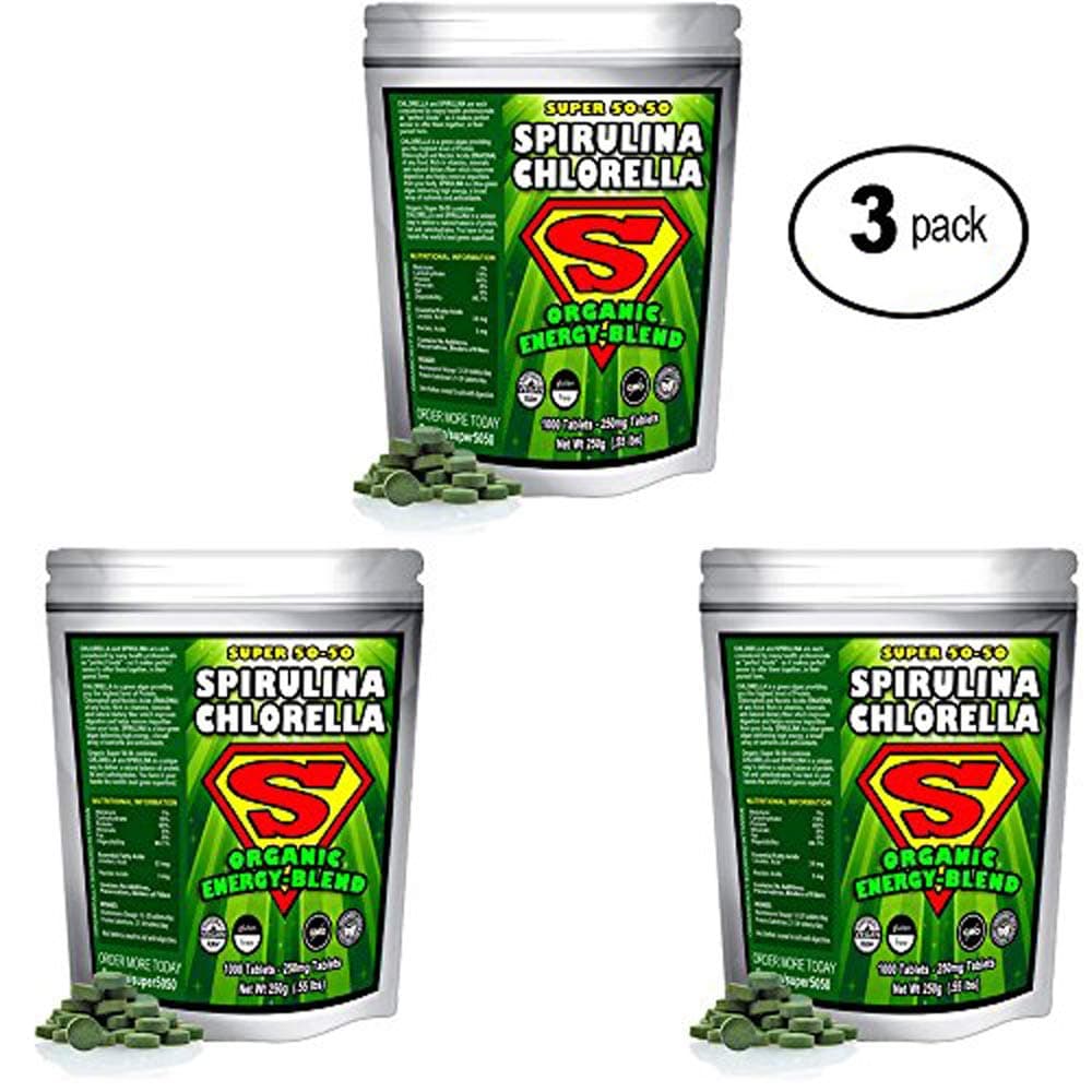 Spirulina Chlorella Super 50-50 Energy-Blend (Super-Pack 1,000 Tablets). Raw Organic Gluten-Free Non-GMO Green Superfood. High Protein, Chlorophyll & nucleic acids. No preservatives. (3 Pack)