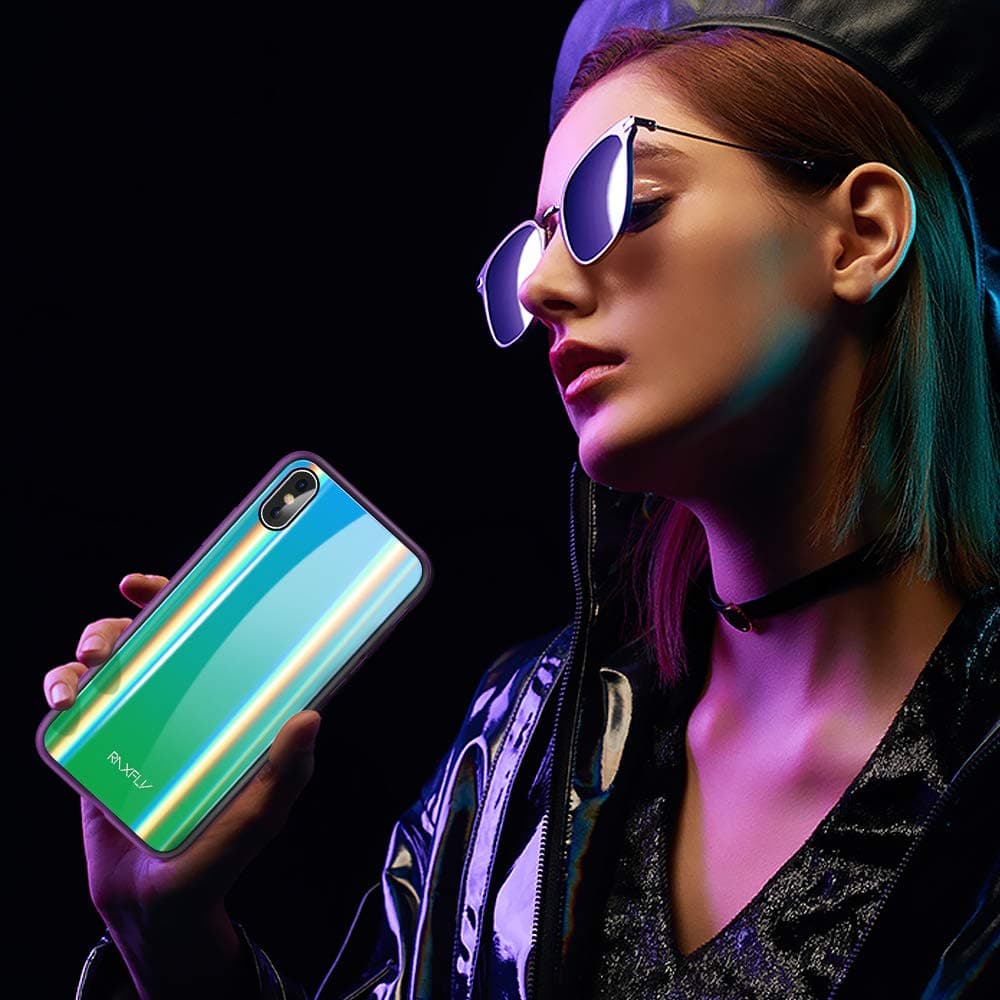 RAXFLY Compatible iPhone X Laser Phone Case Colorful Aurora Gradient Change Purple Protect Case Ultra Thin Silicone & Reinforced 9H Tempered Glass Glitter Back Cover (Green)
