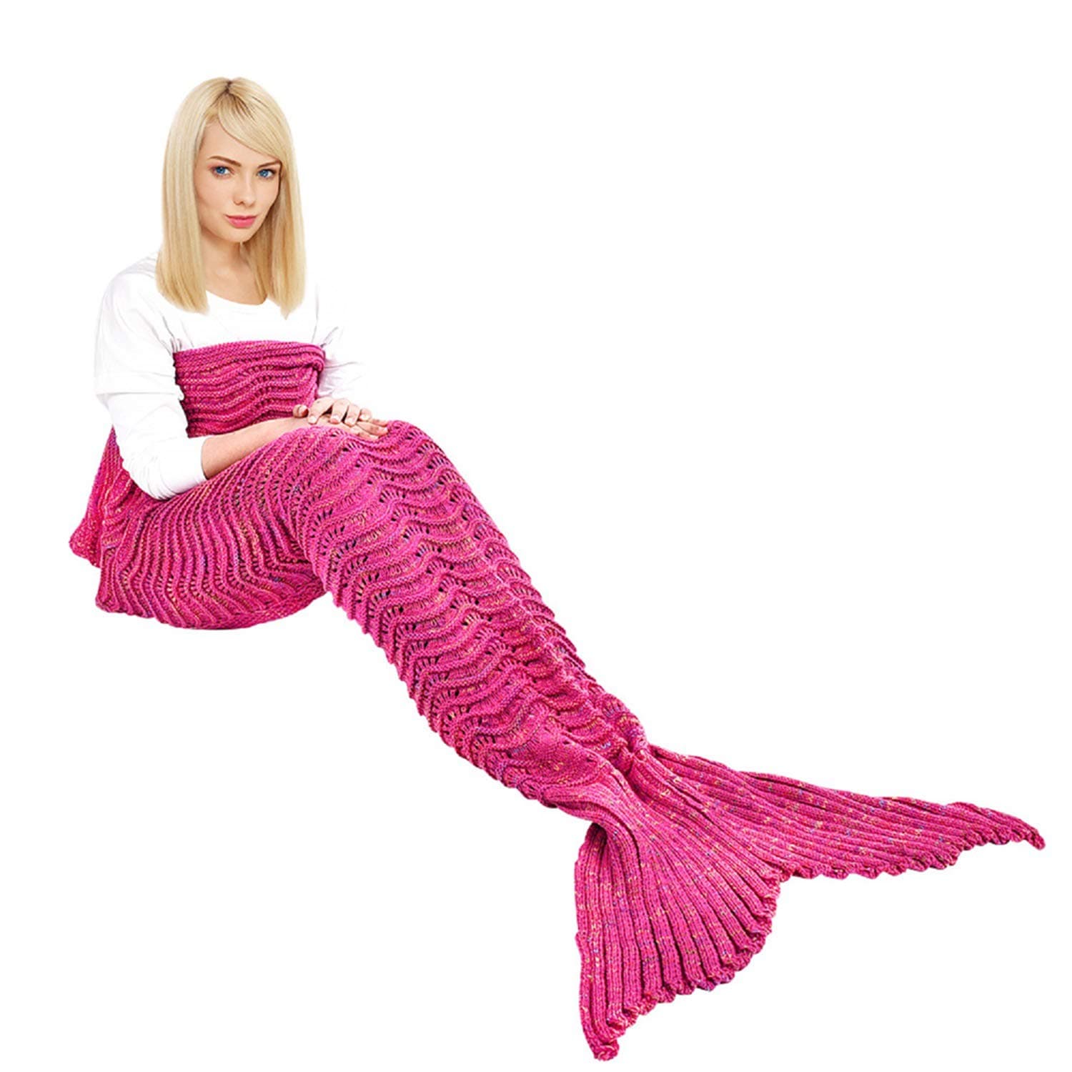 yashidali Wearable Mermaid Tail Blanket, Wave Pattern, All Seasons Warm Knitted Bed Blanket Sofa Quilt Living Room Sleeping Bag for Kids and Adults, 70.9" x 35.5" (180 x 90cm), Rose