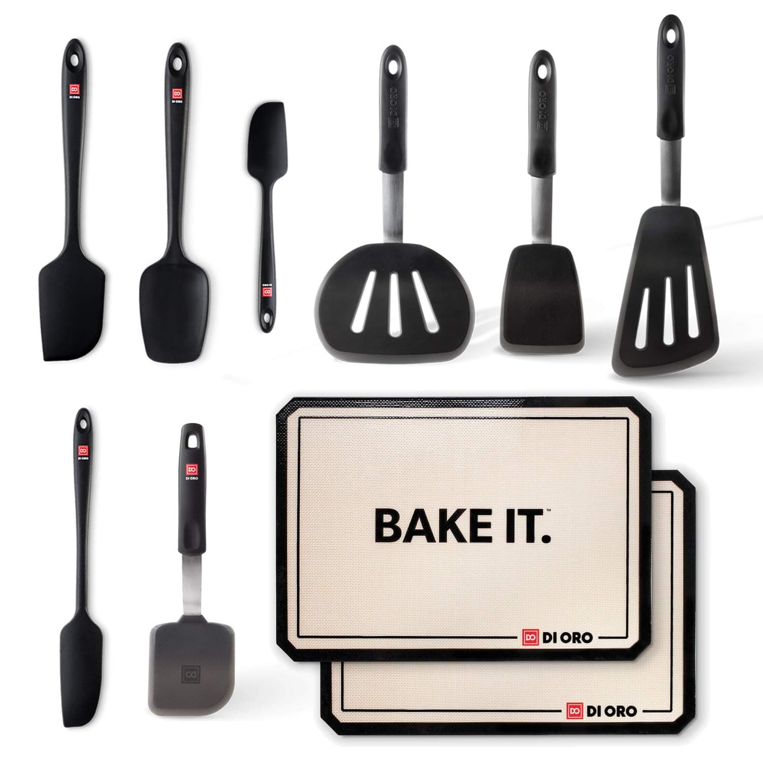 DI ORO Baker's Bundle 10-Piece Silicone Kitchen Utensil Set - 4 Black Seamless Silicone Spatulas, 4 Turner Spatulas, 2 Silicone Baking Mats - The Perfect Christmas, Housewarming, Wedding Gift