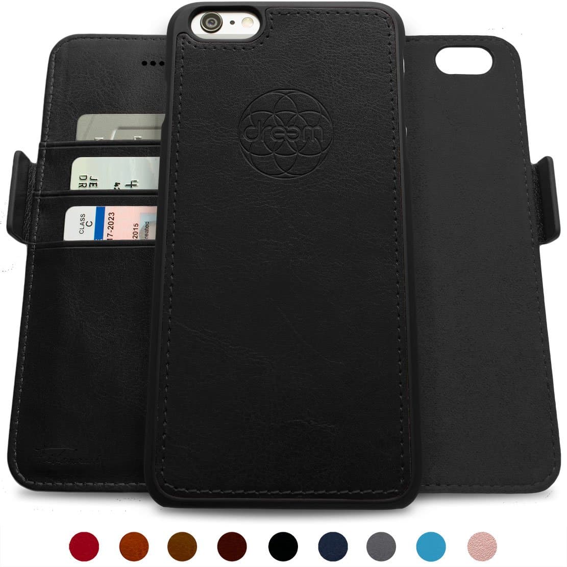 Dreem Fibonacci 2-in-1 Wallet-Case for iPhone 6 & 6s, Magnetic Detachable PC Slim-Case, Luxury Vegan Leather, RFID Protection, Smart 2-Way Stand, Gift-Box - Black