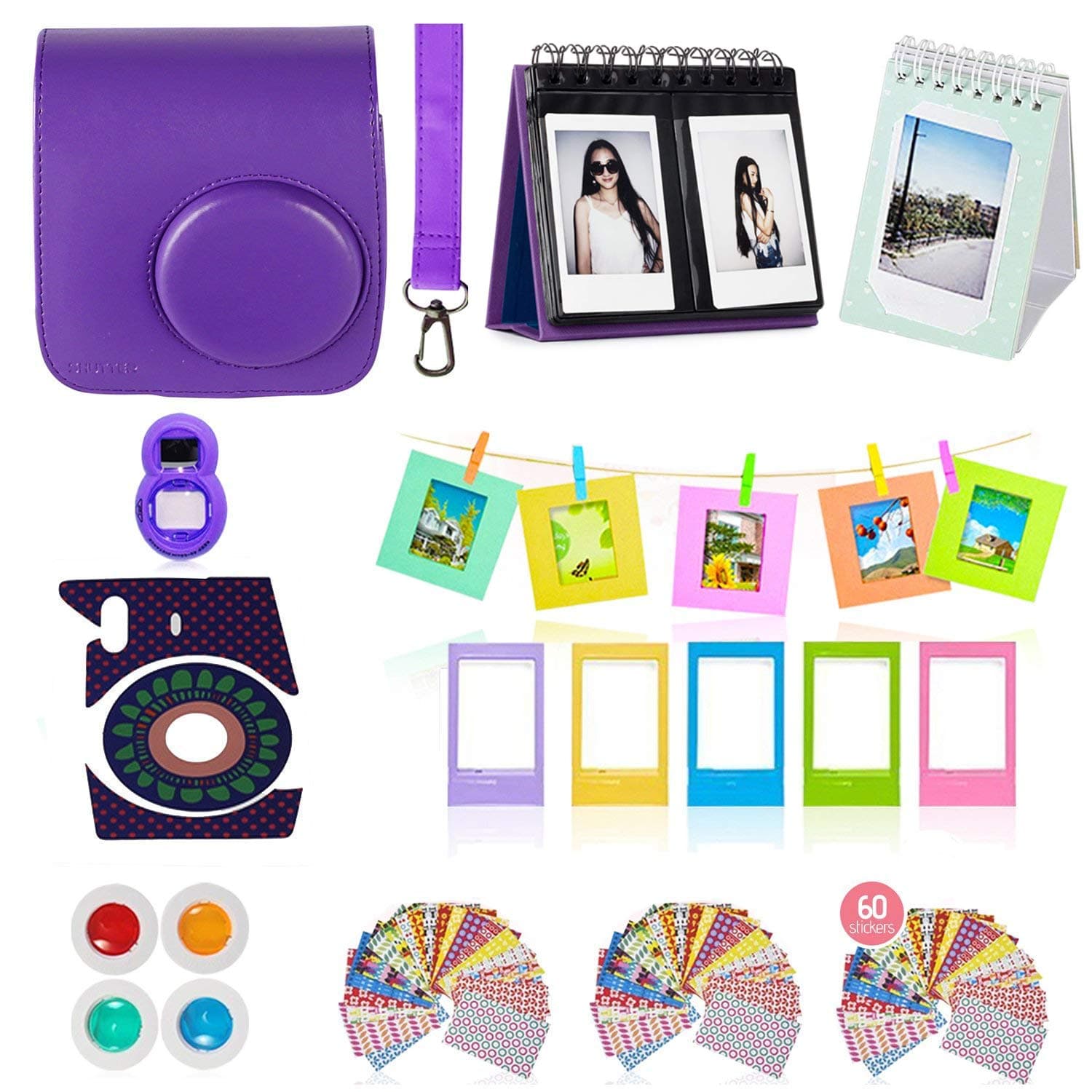 Fujifilm Instax Mini 9 or Mini 8 Instant Camera Accessories Bundle, 11 Piece Gift set Includes Instax Mini Case + Strap, 2 Photo Albums, Filters, Selfie lens, Hanging + Photo Frames, stickers & More.