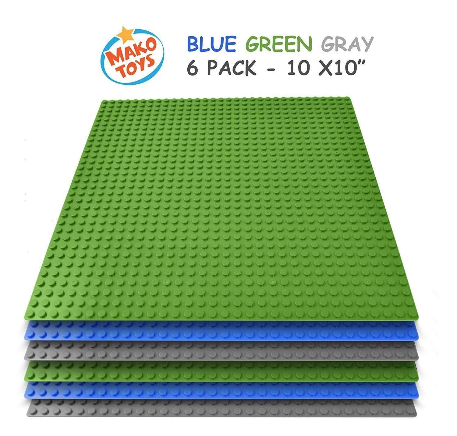Building Base Plates- Compatible Baseplates (6 pieces of 10" x 10") in Blue, Green and Gray, Works with Major Brick Building Sets, Wonderful Plate for Kids