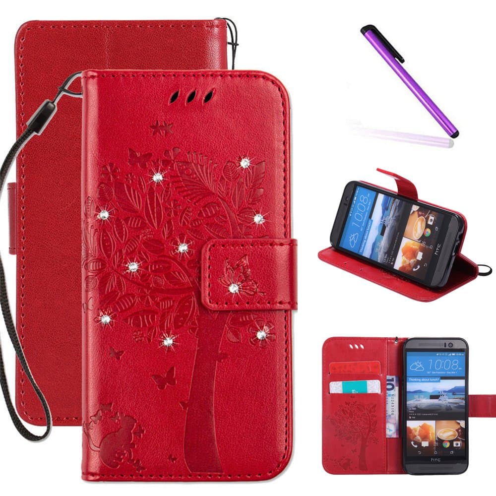 HTC One M9 Wallet Case, LEECOCO Embossed Floral 3D Handmade Bling Crystal Diamonds Butterfly with Card Slots Magnetic Flip Stand PU Leather Wallet Case for HTC One M9 Wishing Tree Red