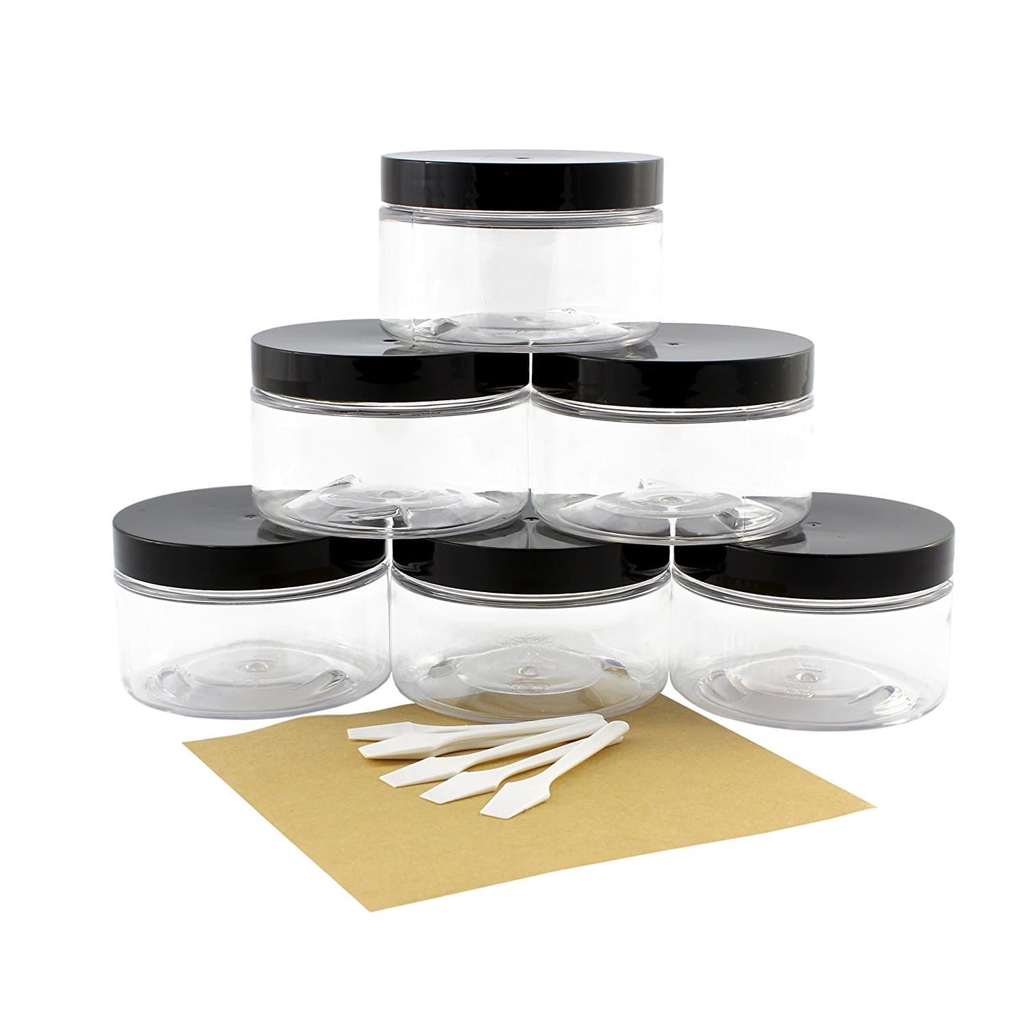 Six 4oz Clear Straight Sided PET Plastic Jars w Labels & Spatulas & Black Lids (6 Jars); Low Profile Refillable Empty BPA-free Containers Great for Cosmetics, Kitchen, Gifts & Travel (6-pack, clear)