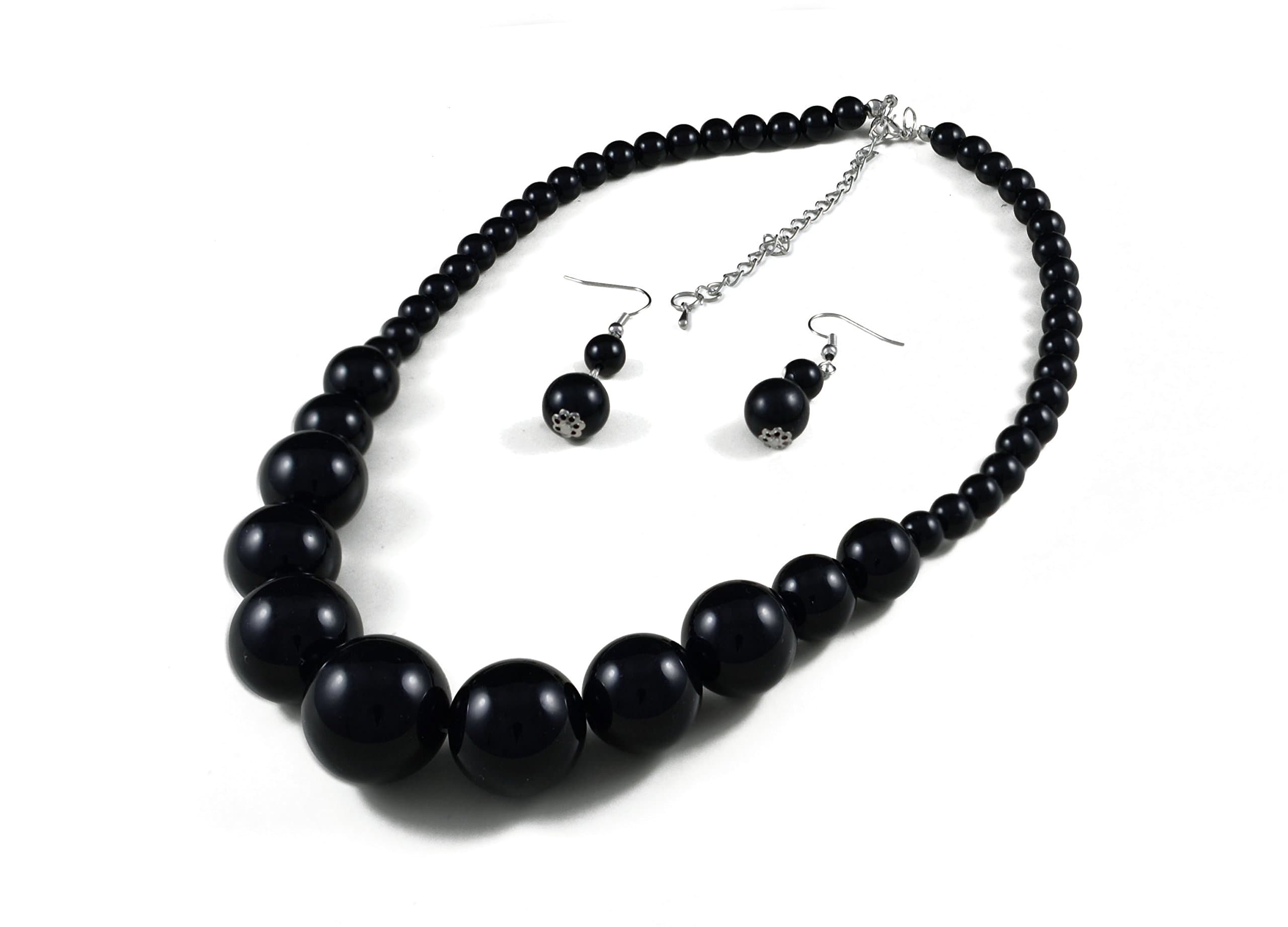 Black Graduated Bead Necklace with Matching Earring