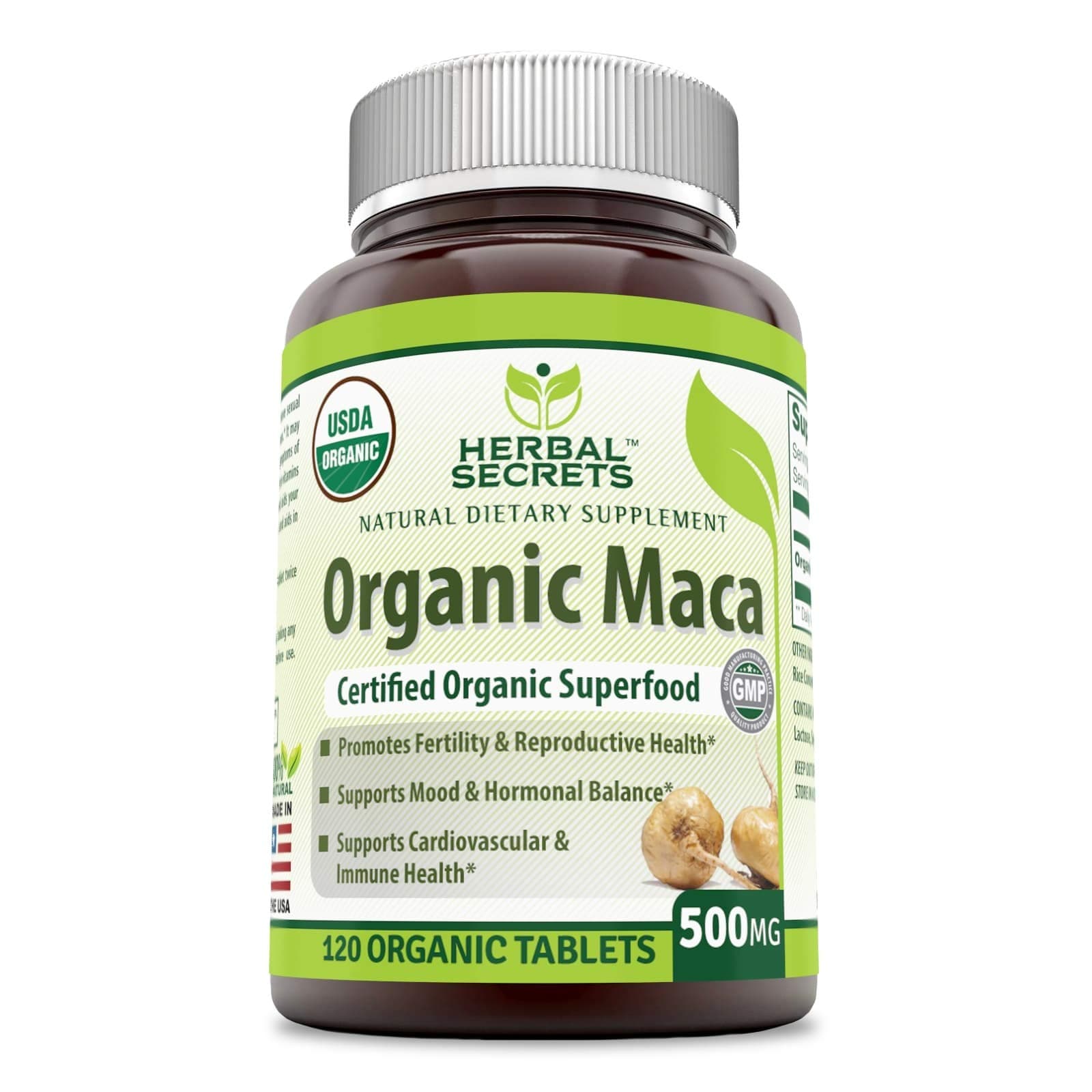 Herbal Secrets Organic Maca 500 mg 120 Organic Tablets (Non-GMO)- Promotes Fertility & Reproductive Health* Supports Cardiovascular Health, Immune Function*