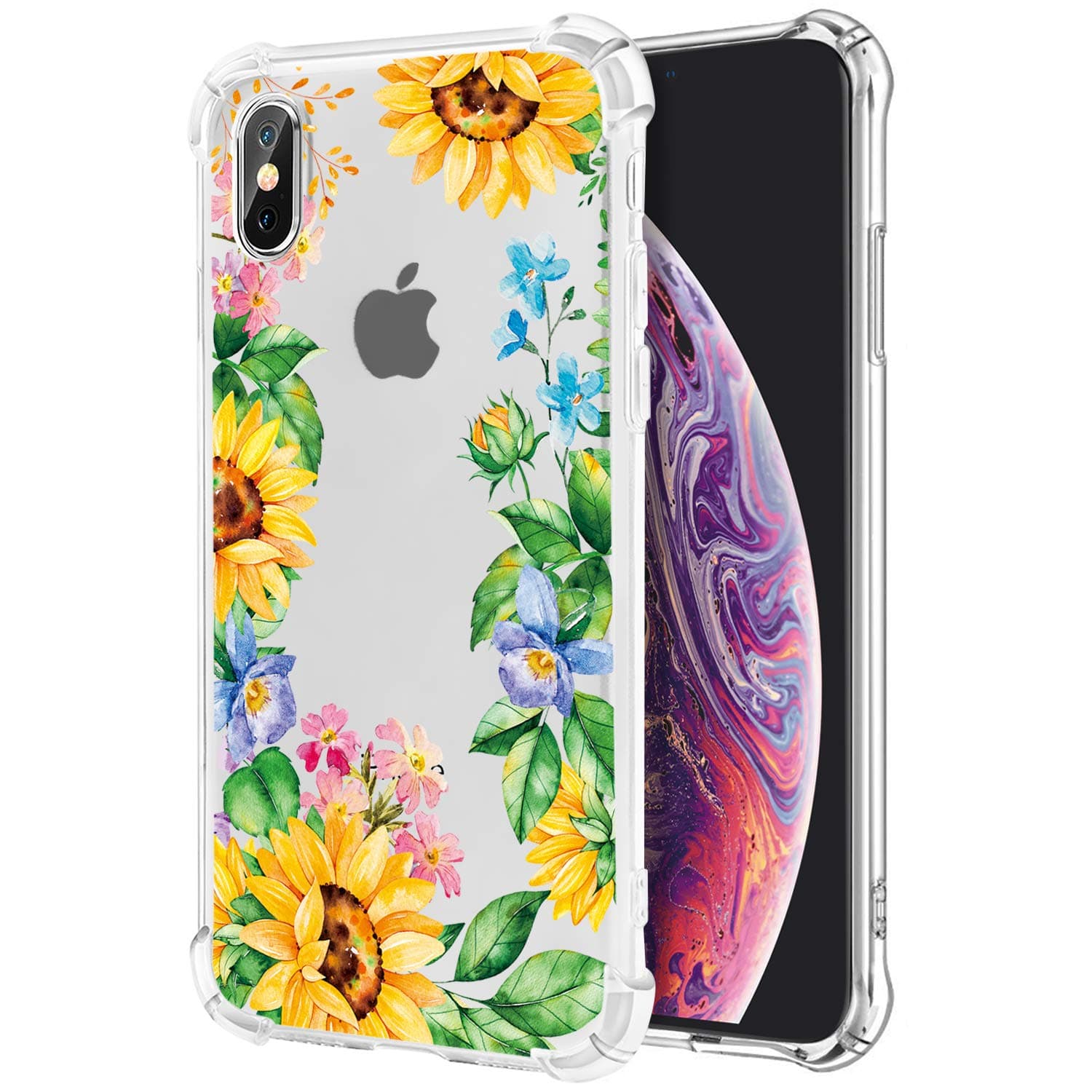 Hi Space Sunflower iPhone Xs iPhone X Clear Case 5.8 inch, Yellow Flowers Girls Women Back Cover, Shockproof TPU Protective Floral Case Bumper Flexible Cover