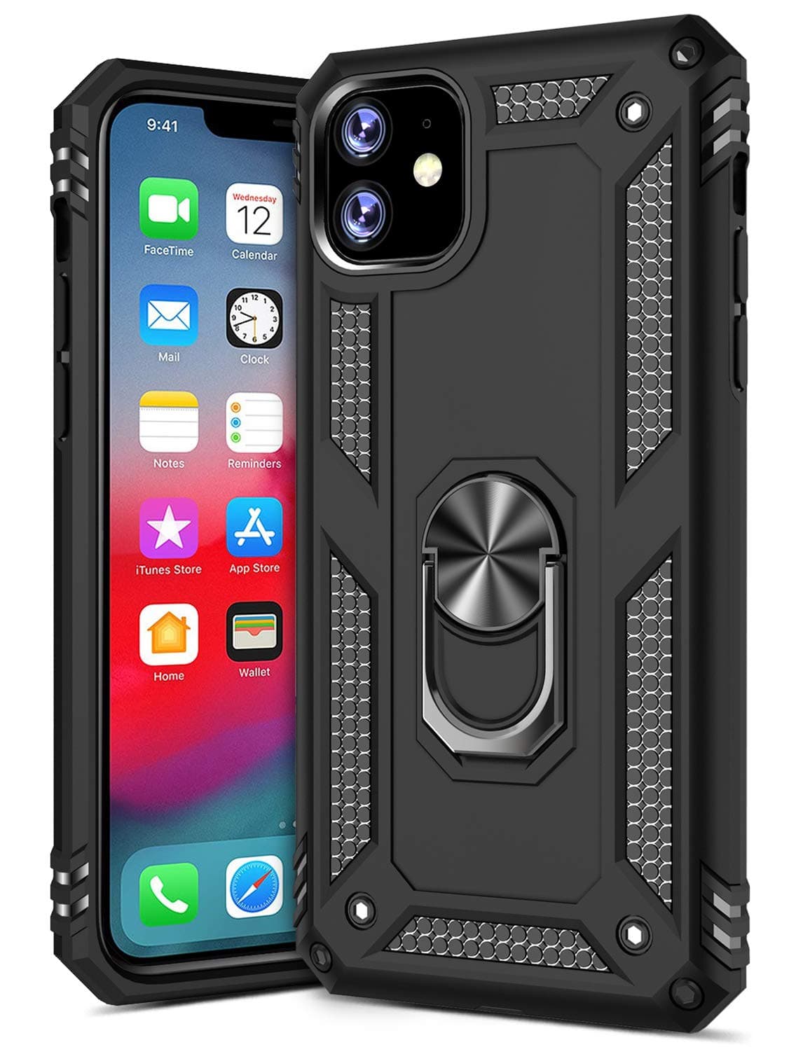 GREATRULY Ring Kickstand Phone Case for iPhone 11 6.1 Inch (2019),Heavy Duty Dual Layer Drop Protection Case,Hard Shell + Soft TPU + Ring Stand Fits Magnetic Car Mount,Black