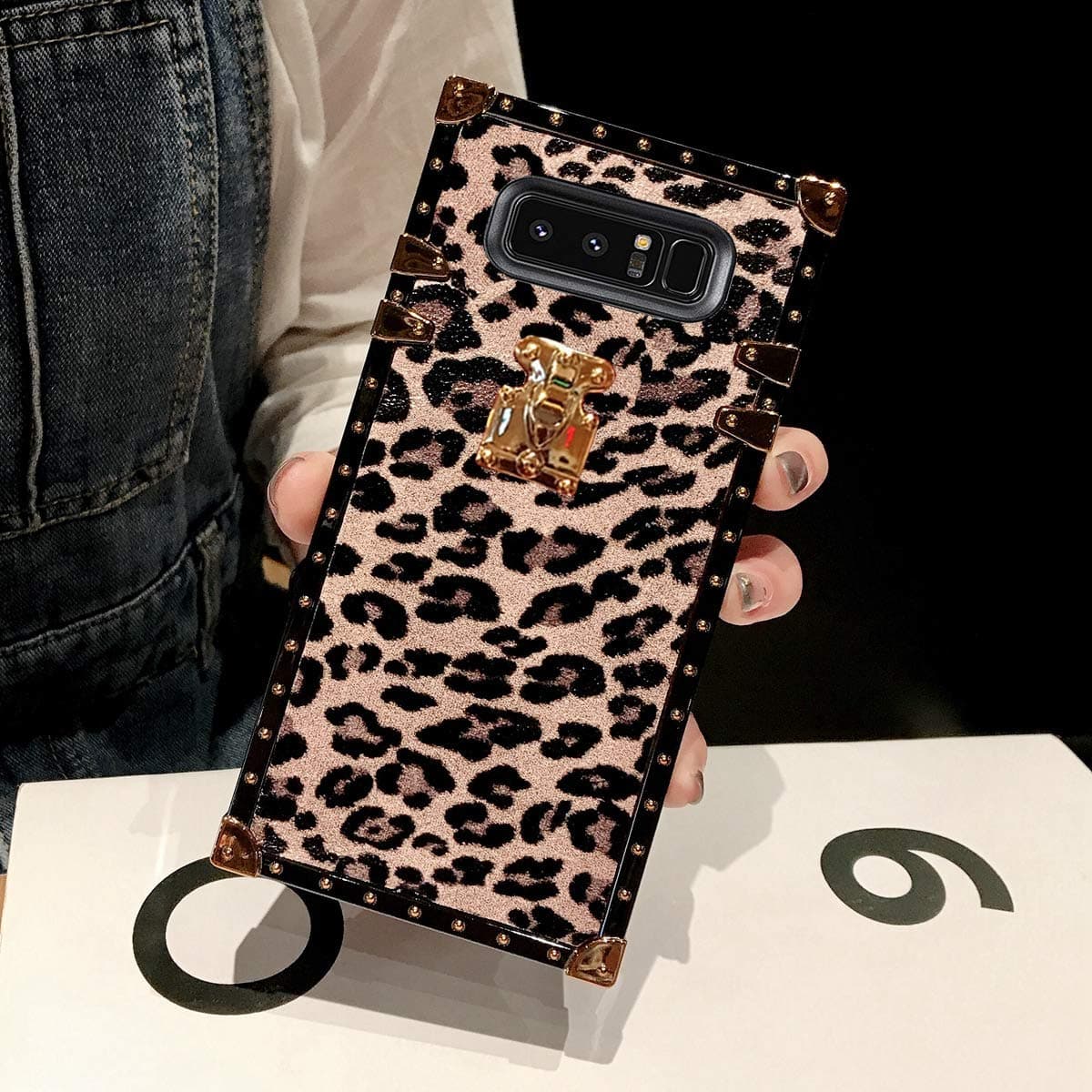 BABEMALL Compatible for Samsung Galaxy S10 Plus case, Elegant Premium Leopard Square TPU+PU Leather Protective with Shock Absorption Metal Decoration Corner Back Cover Case (Pink)