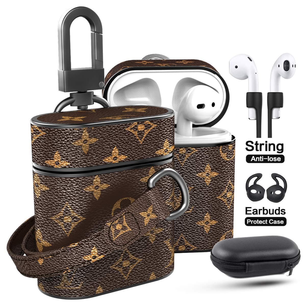 Jansae Leather Case Compatible with Airpods Case with 6.3in Wristlet Strap Keychain, Luxurious Designer Cases Kits Compatible for Airpod Case 1st / 2nd Cover (Brown-Flower)