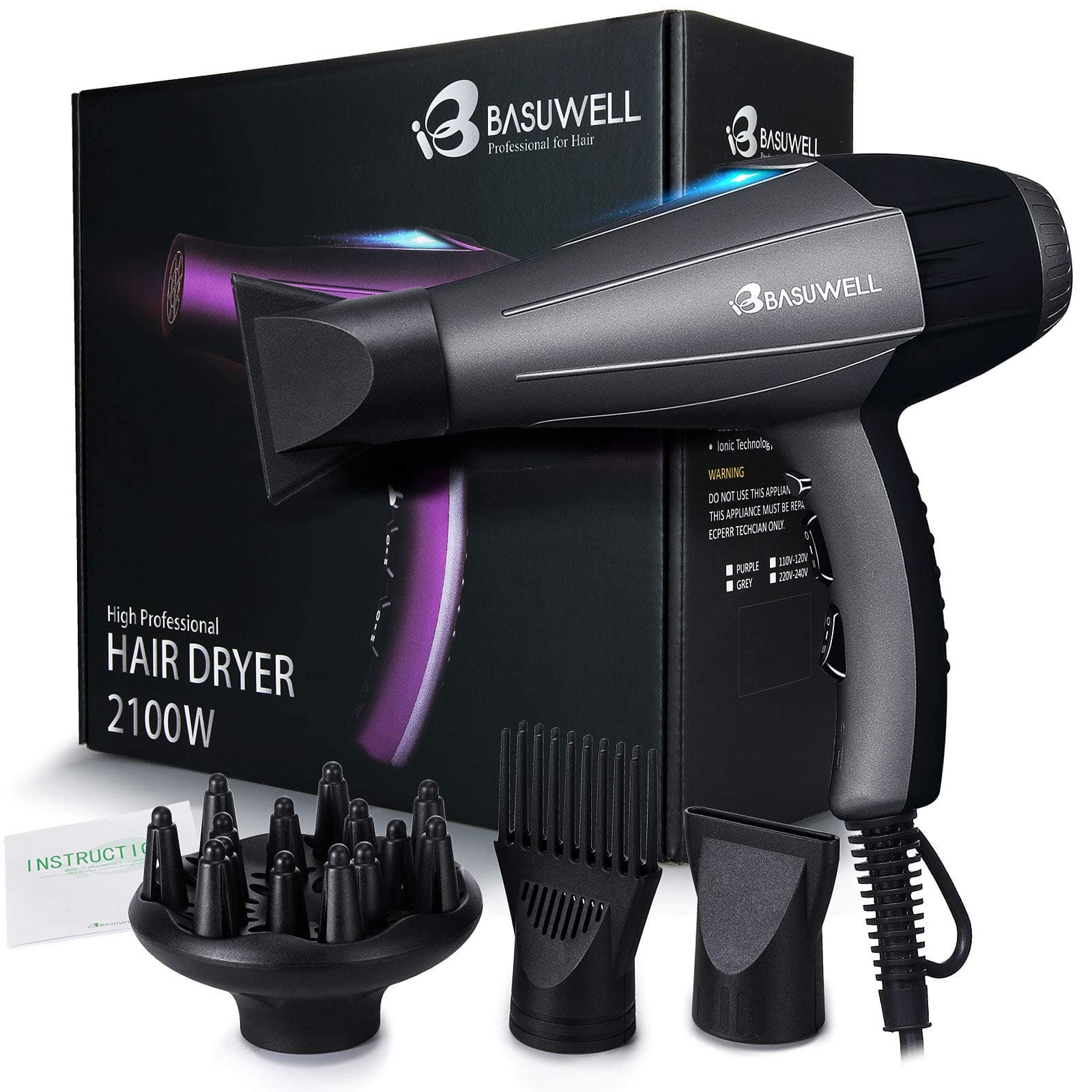 2100 Watt Powerful Professional Hair Dryer, Negative Ionic Ceramic & Far Infrared Heat Hairdryer , Low Noise Blow Dryer with Diffuser & Comb Attachments - Grey