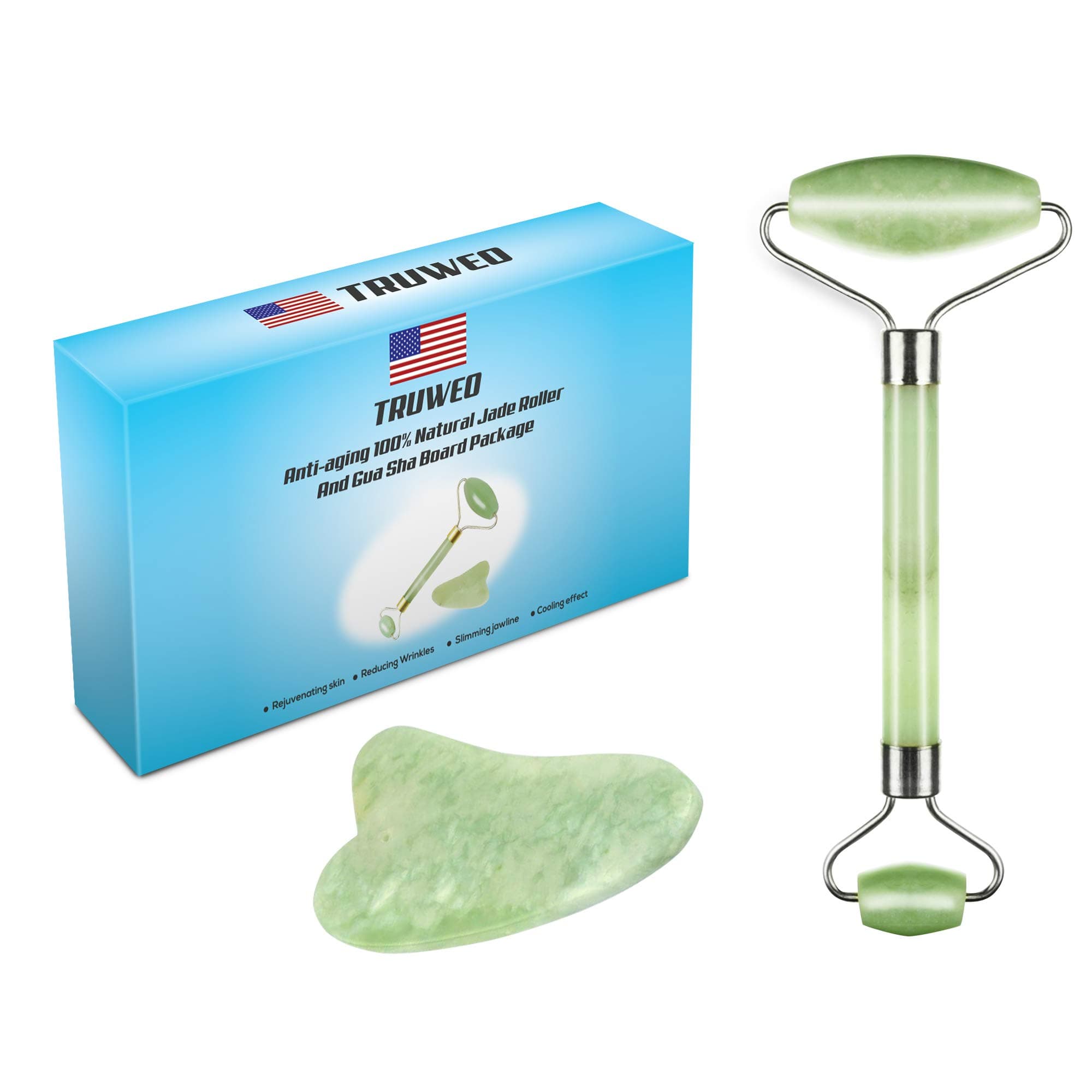 Jade Roller and Gua Sha Scraping Massage Tool - Himalayan Anti-aging 100% Natural Facial Jade Stone Set - Face Eye Neck Beauty Roller For Slimming and Firming - Rejuvenate Skin and Remove Wrinkles