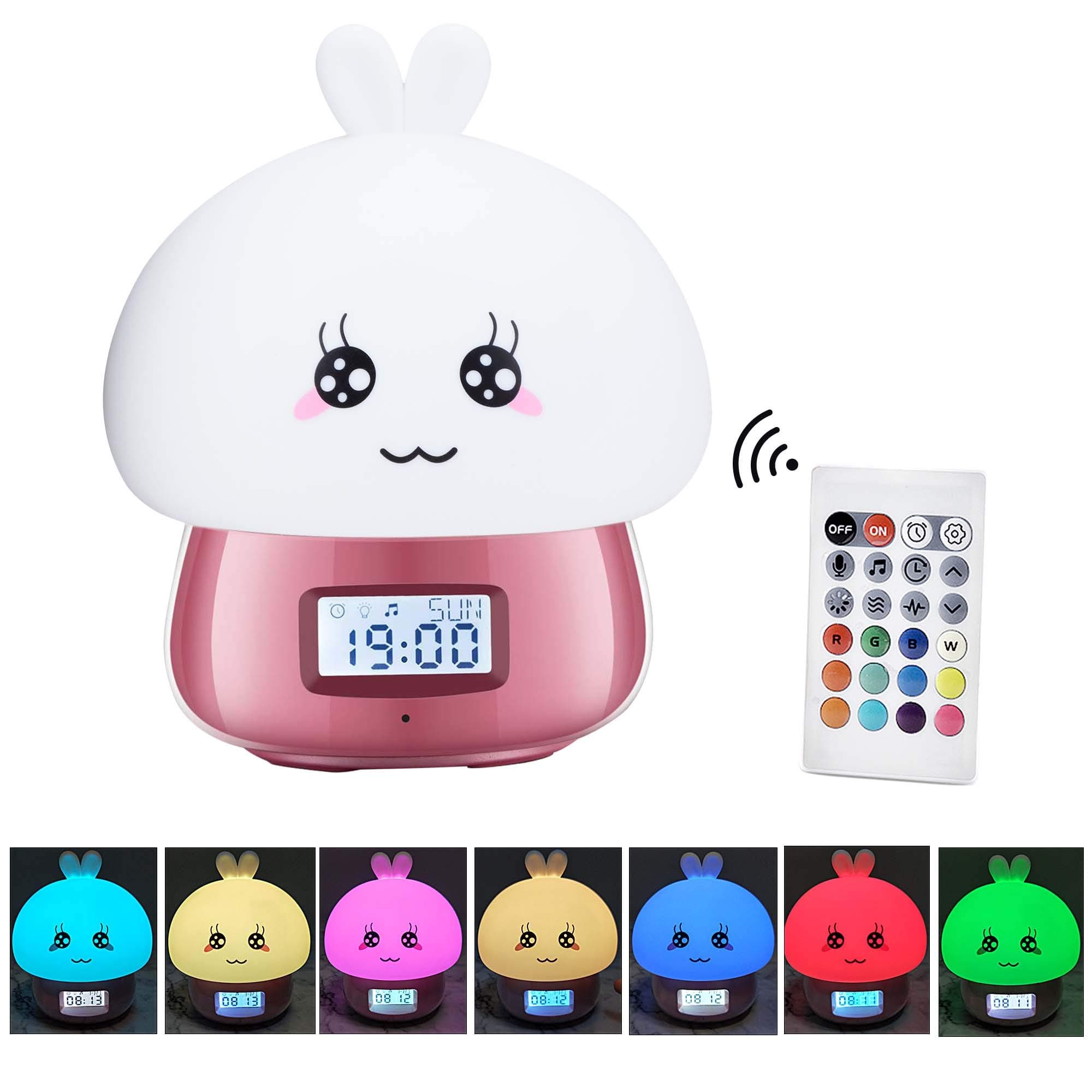 Multicolor Silicone Alarm Clock Led Touch Table Nightlight Rechargeable Sensitive Remote Control Cute Animal Desk Lamp Bedroom Lamp for Baby, Children, Toddlers or Nursery -Pink