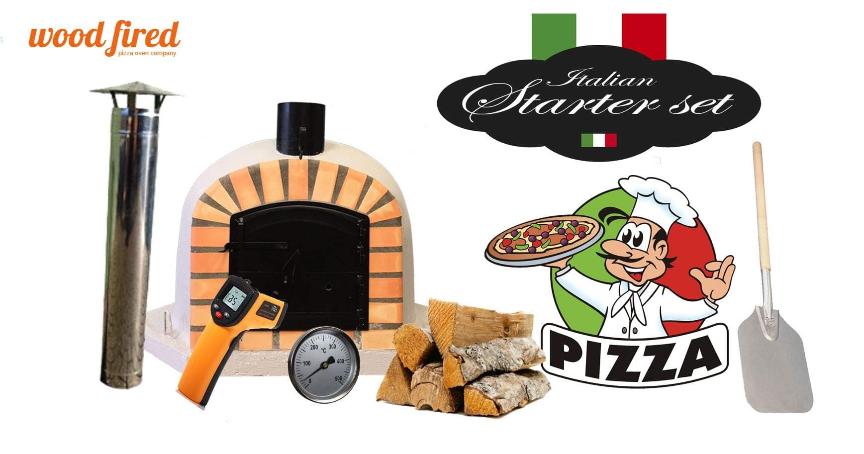 Grey Deluxe Corner Extra Wood Fired Pizza Oven Starter Kit, Orange Arch, Black Door, 100cm x 100cm