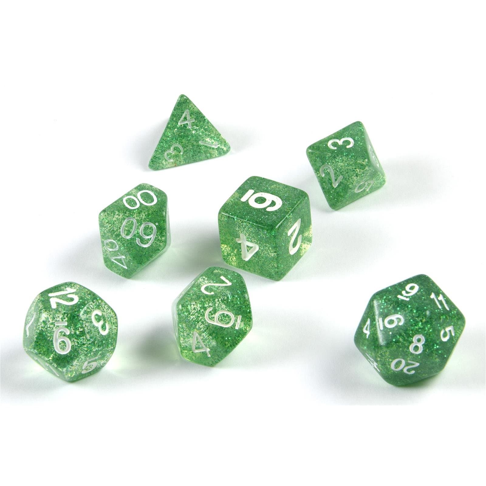 7x polyhedral glitter dice set for role and tabletop games in green including velvet bag