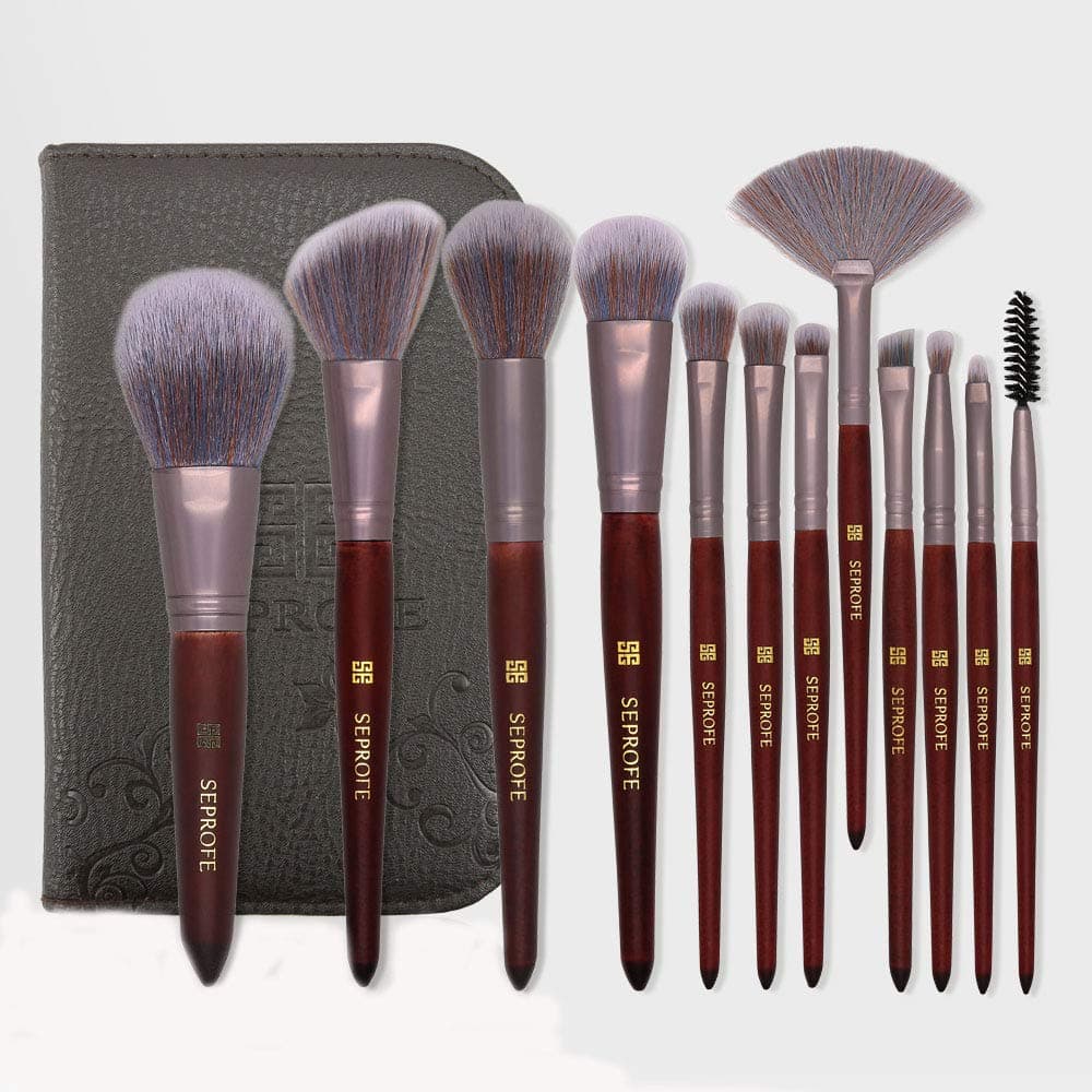 SEPROFE 12Pcs Premium Makeup Brushes for Foundation Blending Blush Concealer Eye Shadow with Super Soft Microfiber Synthetic Bristles Wooden Handle Make Up Brush Set, Includes Travel Case