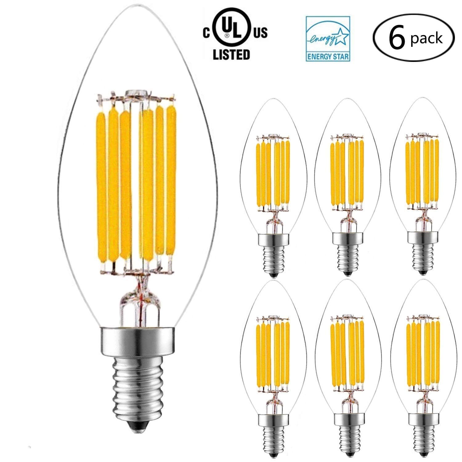 Candelabra Light Bulbs, Goodia 6W E12 Led Filament Bulbs Clear Glass Torpedo Shape Bullet Top Candle Bulb Decorative Lamp 60W Equivalent - 2700K Warm White, 6 Pack