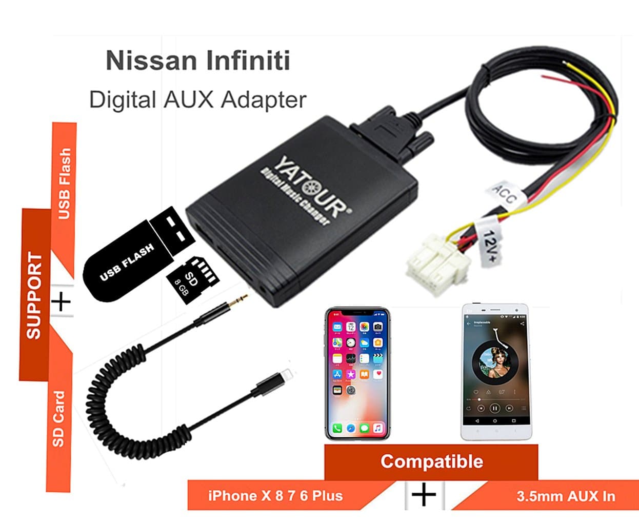 Nissan Infiniti Stereo AUX Adapter, Digital Car Audio Input Interface with SD Card, MP3 USB, 3.5mm AUX in, Music Player for Nissan Infiniti 1995-2011 (M06-NIS)