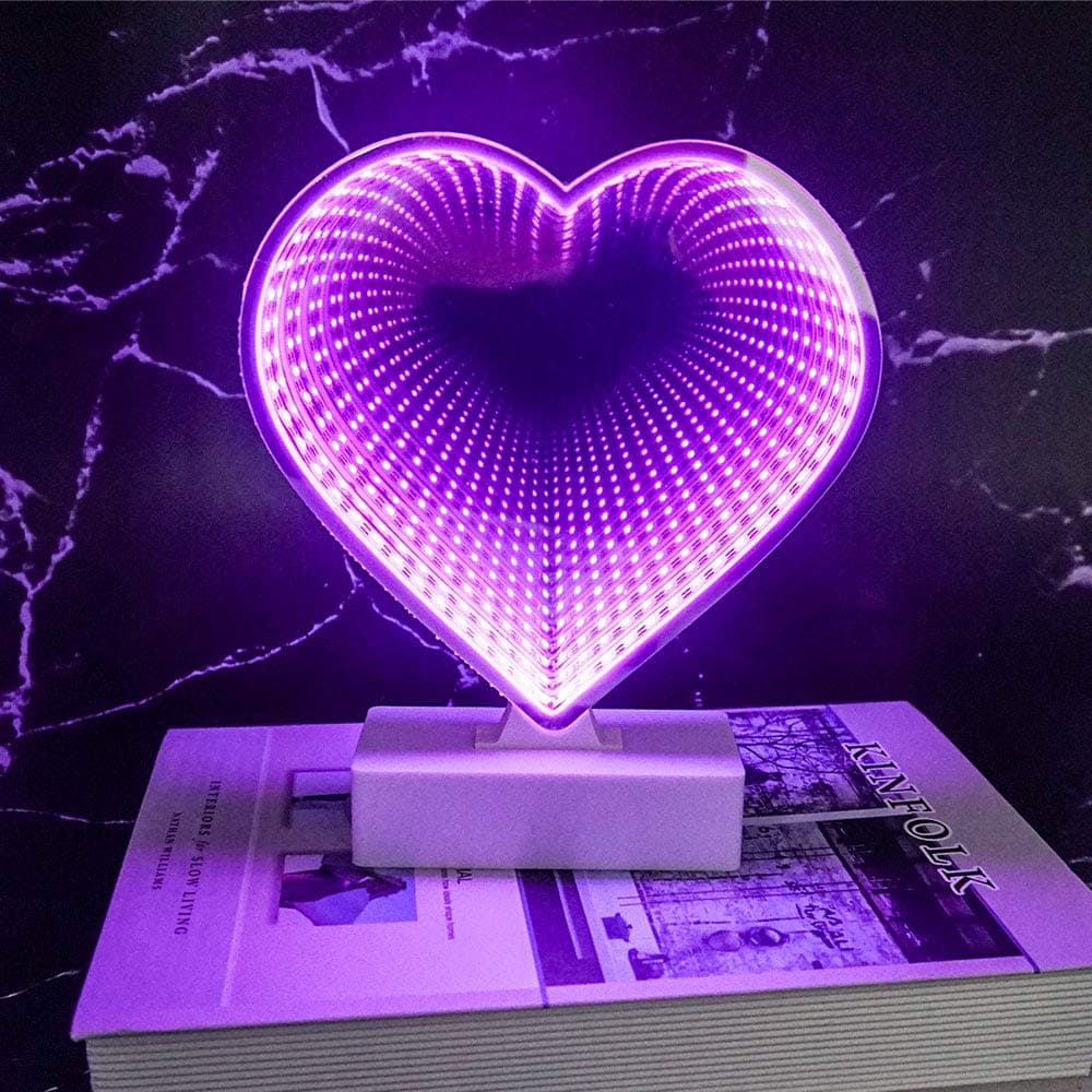 LED Tunnel Infinity Heart Shape Night Light Lamp, 3D Mirror Battery Operated/USB Cable Light for Birthday Party Wedding Kids Room Living Room Home Garden Christmas Gift -Pink