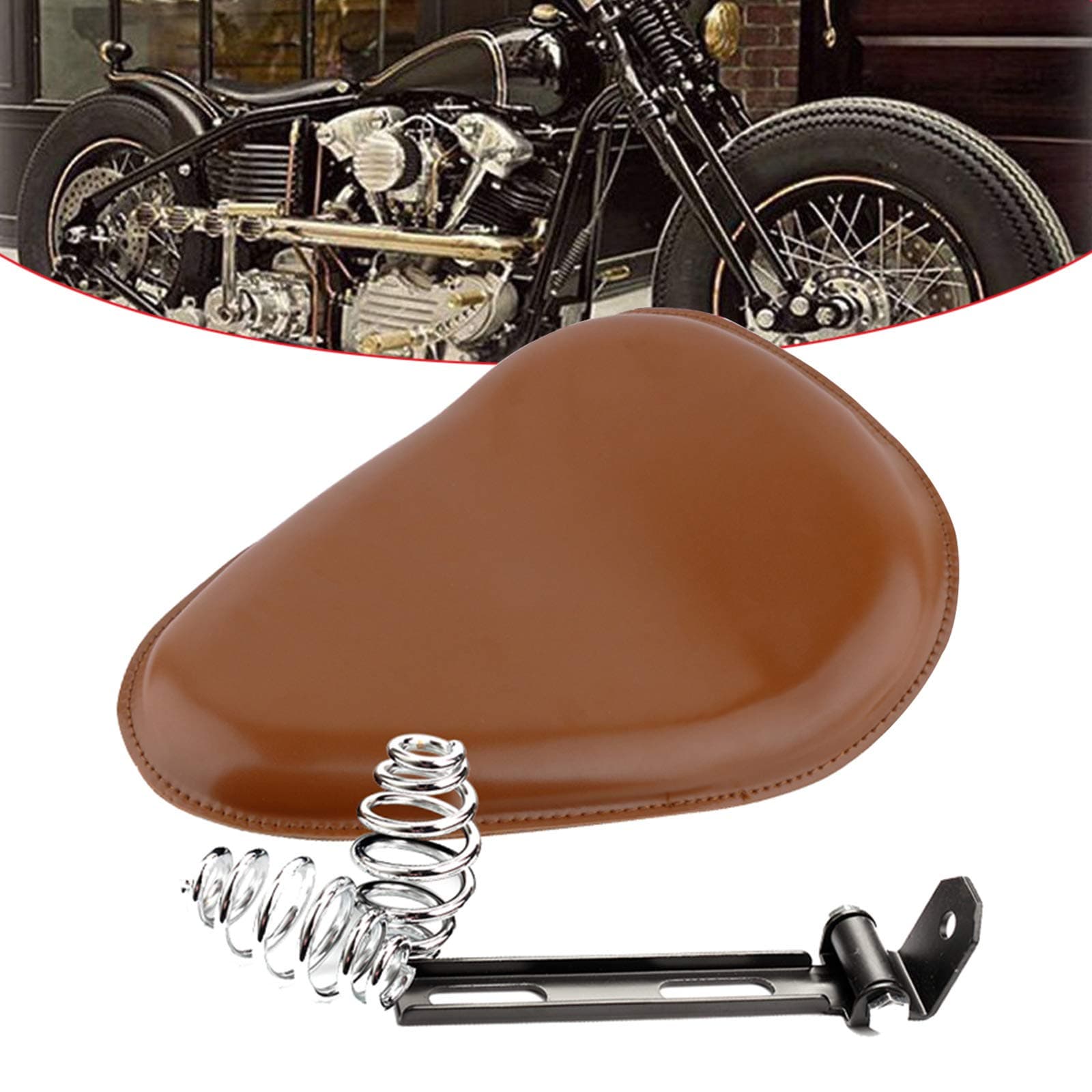 Qlhshop Motorcycle Brown Leather Solo Seat with Spring Bracket Kit Replacement for Harley Chopper Suzuki Yamaha