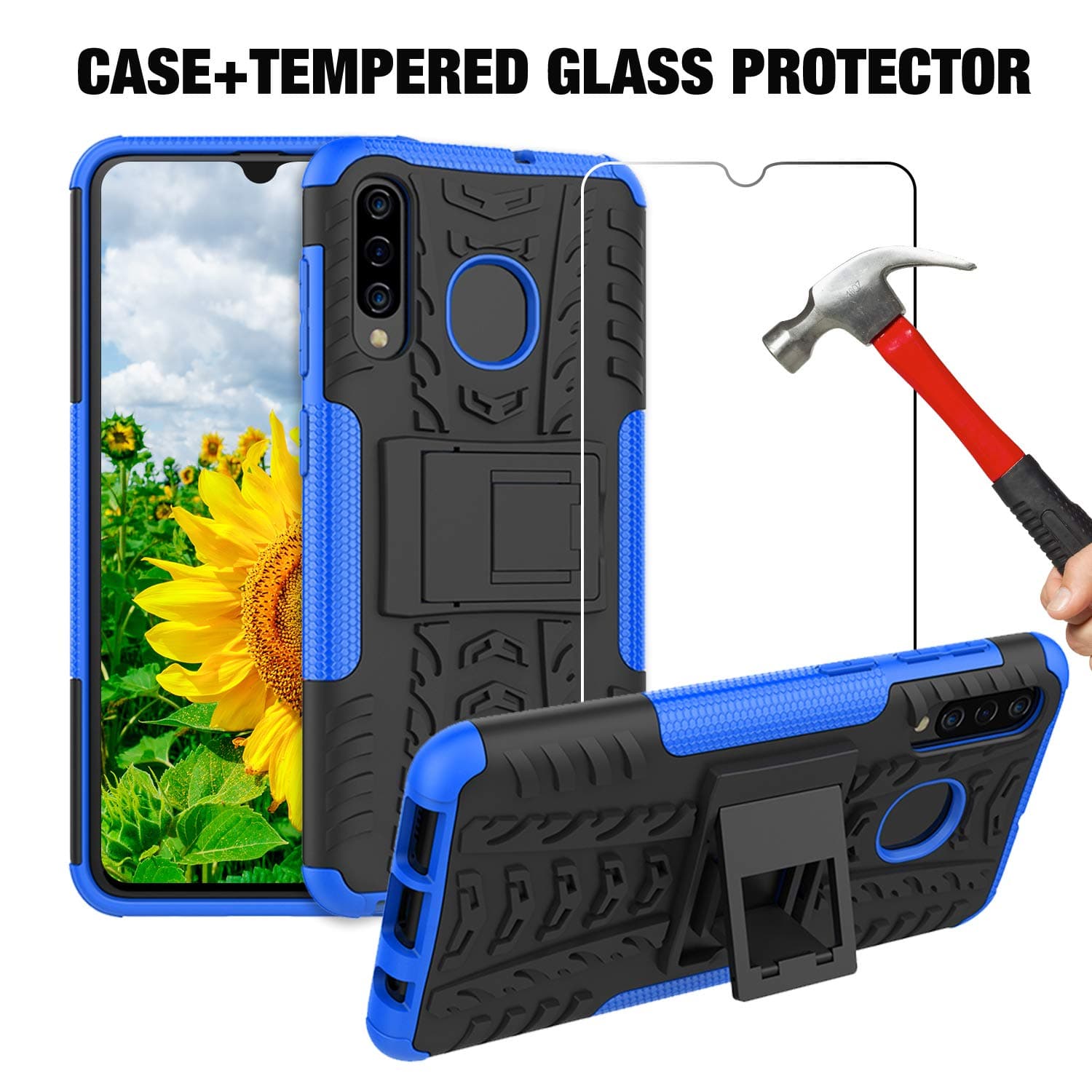 A50 Case,A50S Case,Heavy Duty Protective Cases for Samsung Galaxy A50 A50S A30 A30S A20 Protection Bumper (Tempered Glass + Blue Case)