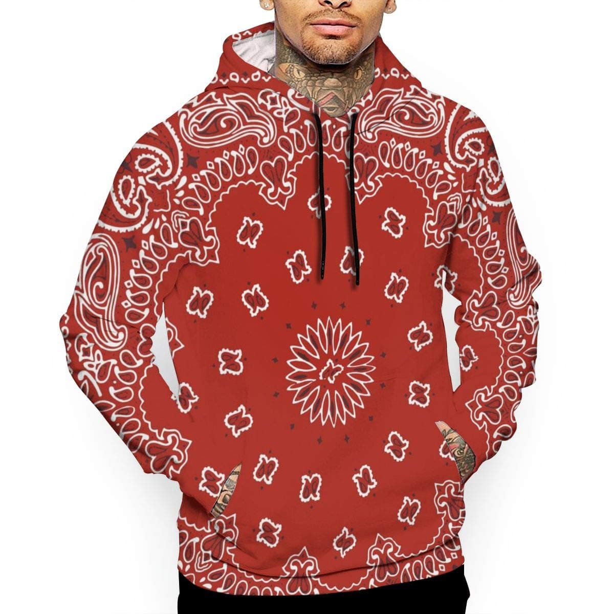 Men 3D Print Pullover Hoodie Red Bandana Pattern Sweatshirt with Front Pocket