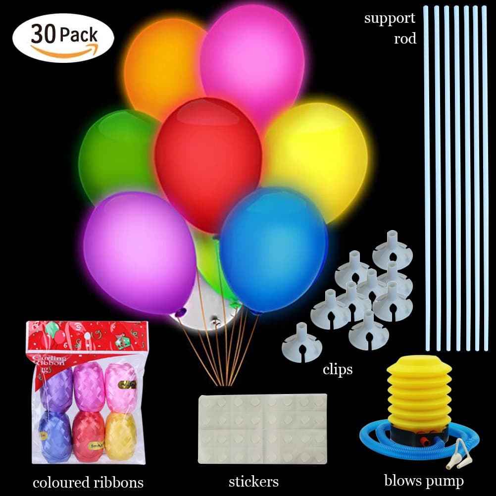 LED Balloons Flash Lights Mixed Color with Support Rod & Sticker & Blows Pump & Coloured Ribbon Blinking for Parties,Birthday,Wedding Party,Lasts 8-24 Hours(30 Pcs)