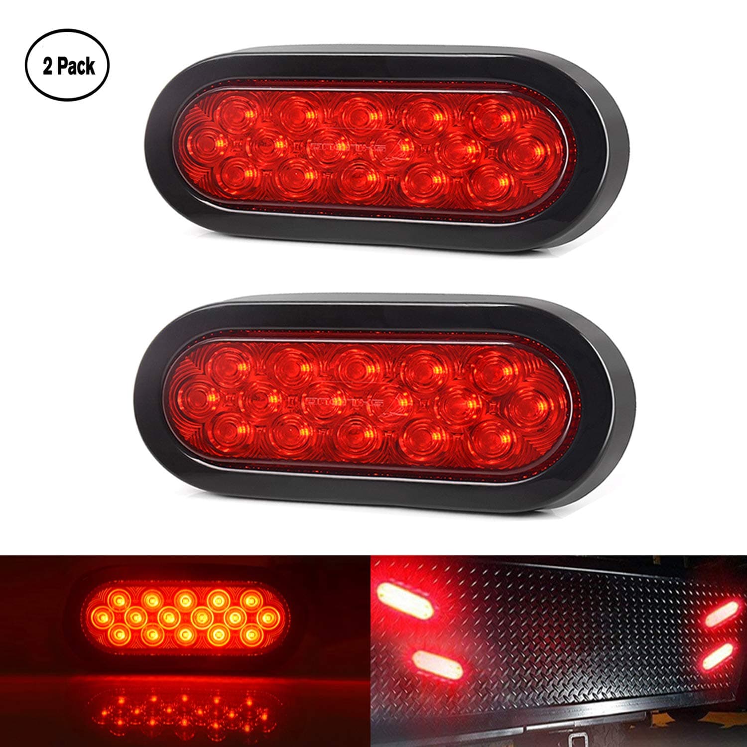 Funlove 2 Pcs 6" Oval Red LED Trailer Tail Lights 16 LED Sueface Mount Brake Stop Turn Tail Light for RV Jeep Trucks