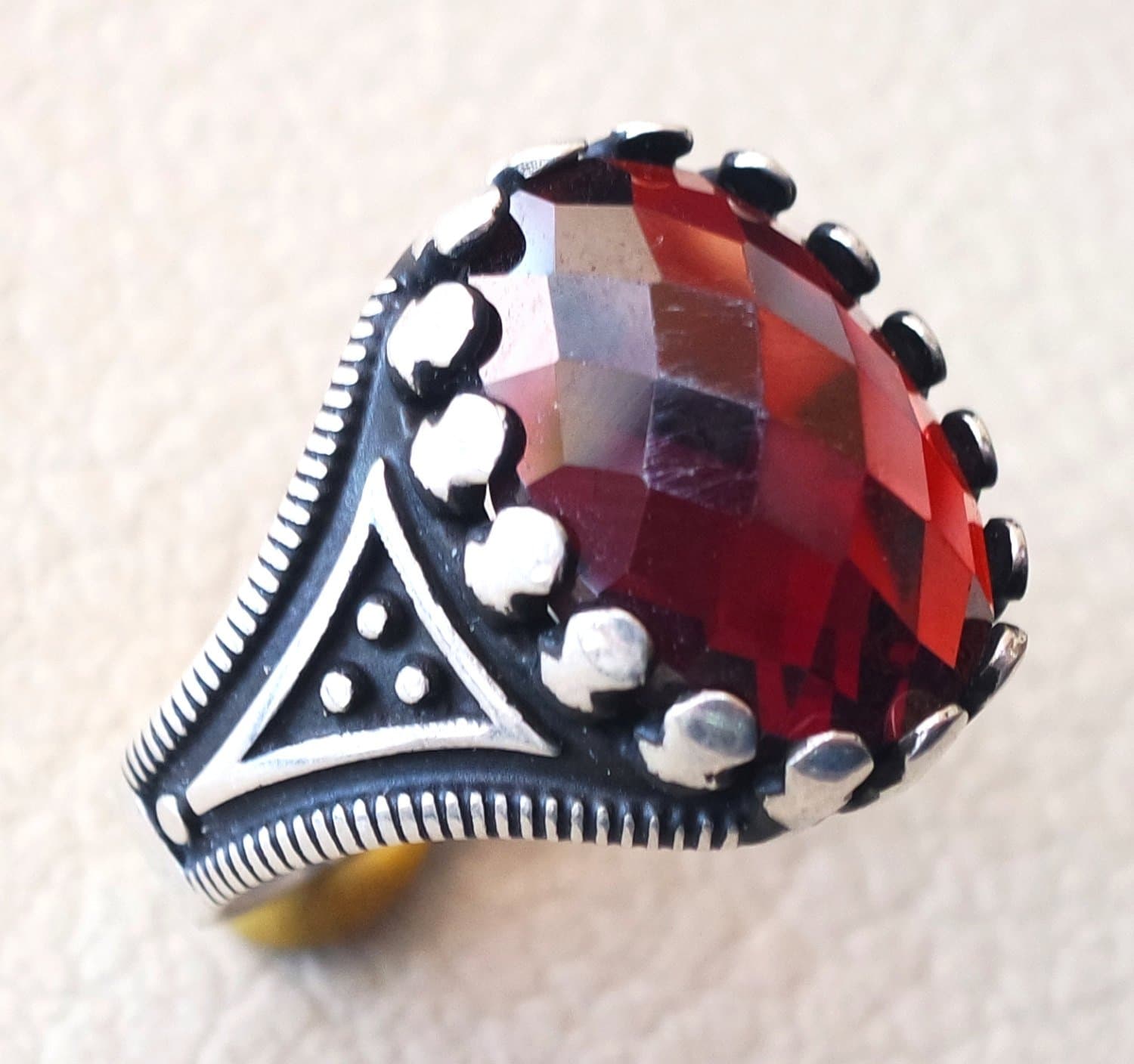 Garnet Red Stone Biker Mens Ring, Real 925 Silver Ring, Checker Cut Hydro Gemstone Ring, Arabic Sword Mans Ring, Gift for Him, Islamic Heavy Ring, Huge Gemstone Ring, Statement Ring, Signet Ring