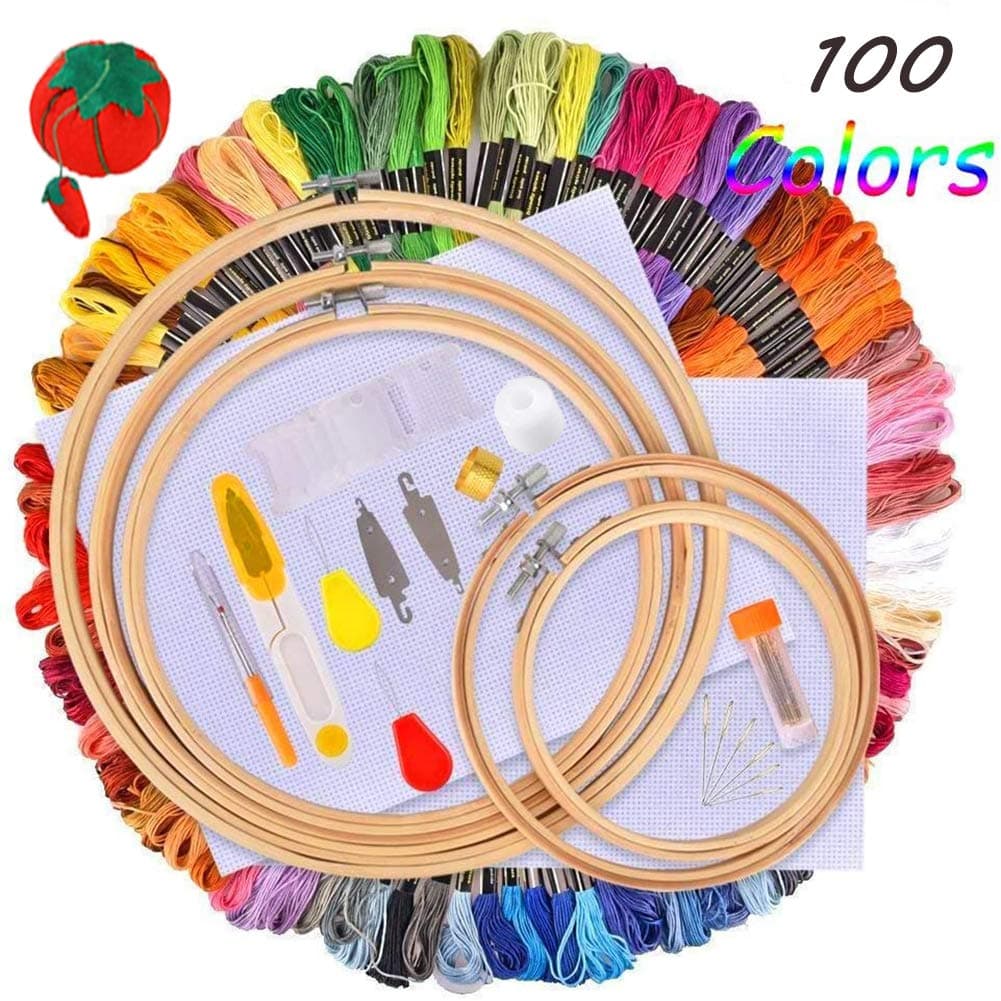 Hand Embroidery Kit with Instructions,100 Colors Threads,5 Pcs Embroidery Hoops,3 Pcs Aida Cloth,30 Sewing Pins,Embroidery Hoops and Cross Stitch Tools for Adults and Kids Beginners