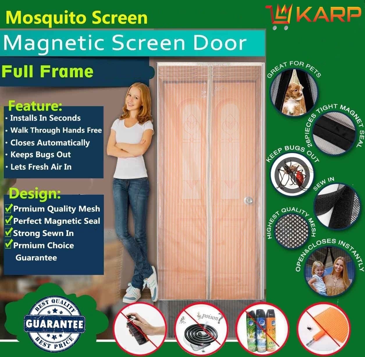 Karp Mosquito Magnetic Screen Door Full Frame Curtain with Hook and Loop Fastener Tape (90 cm W X 210 cm H) - 2Pk, Cream Color