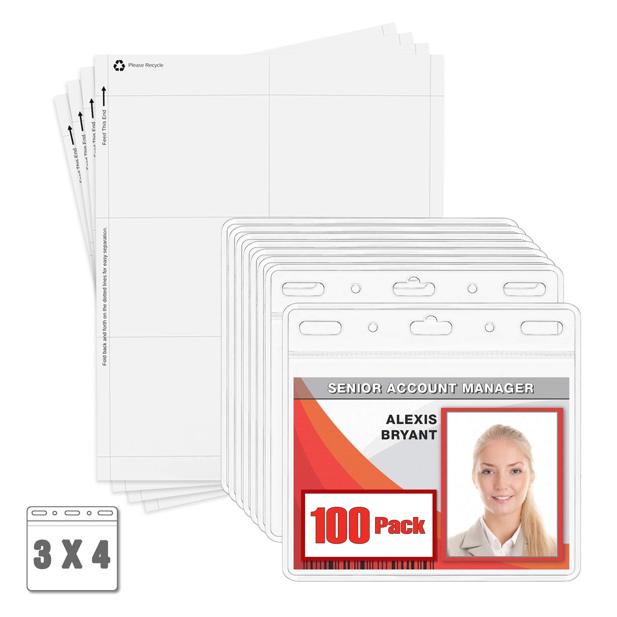 MIFFLIN Clear Plastic Horizontal 4x3 Inch Card Holder Bulk 100 Pack Quick Load No Zipper Name ID Badge with Paper Inserts Kit