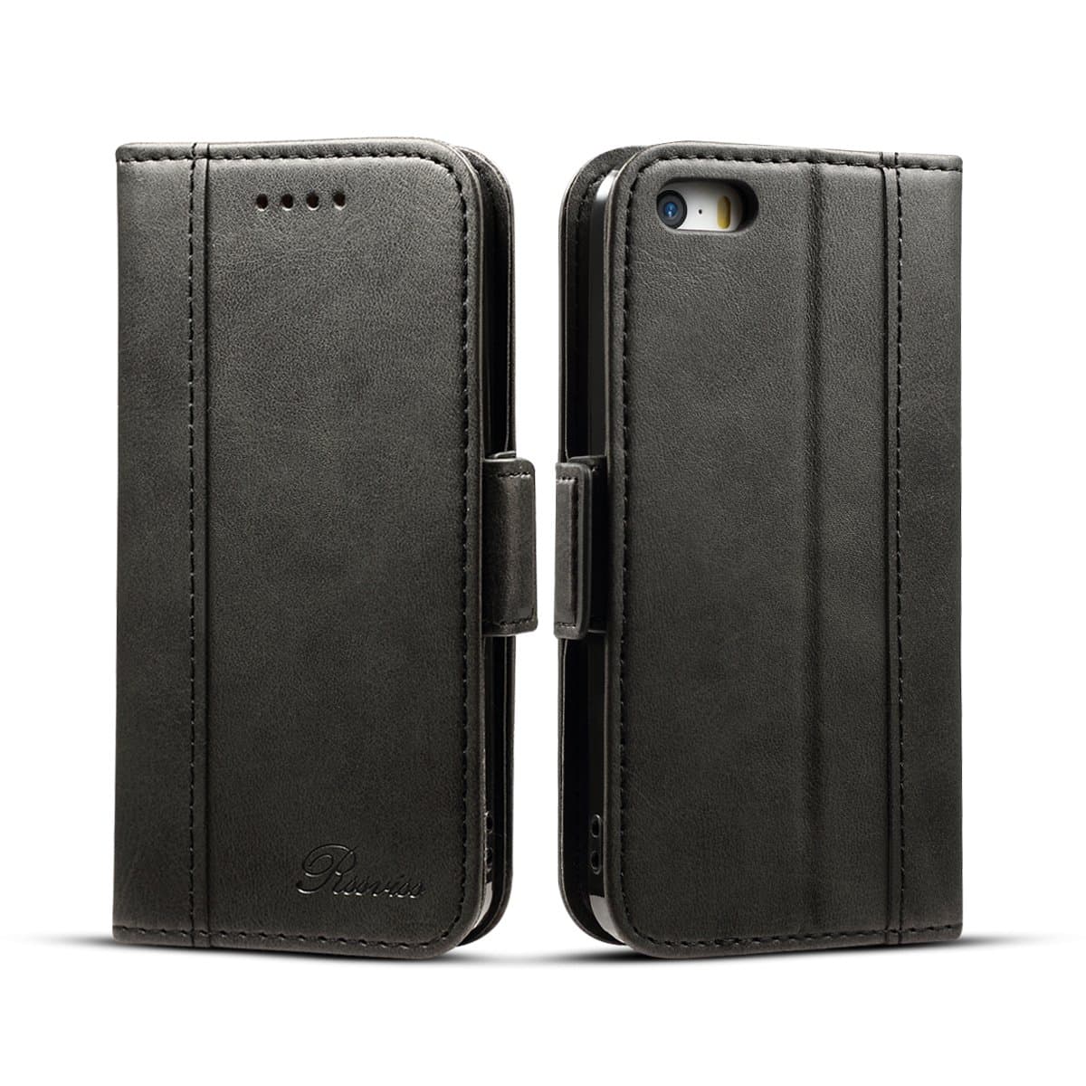 Rssviss iPhone SE Case iPhone 5s/5/SE(1st Gen) Wallet Case,Handmade PU Leather Magnet Wallet Flip Case Cover with Built-in Credit Card/ID Card Slots for 5s/5/SE(1st Generation,2016)-4.0 inch,Black