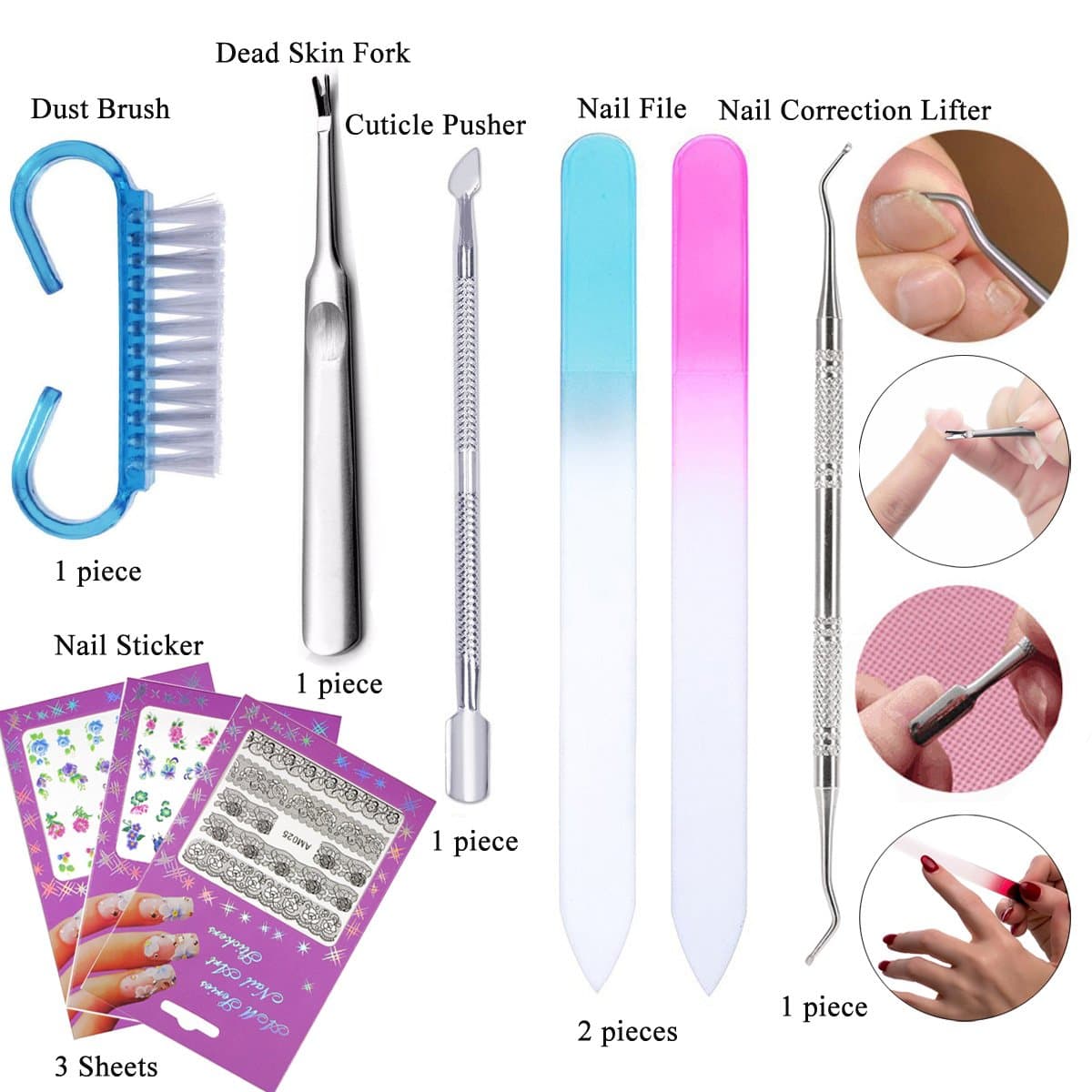 Nail Art Manicure Tools Kit Glass File Cuticle Fork Spoon Pusher Remover Nail Correction Ingrown Toenail Tools Personal Care (SET37C)