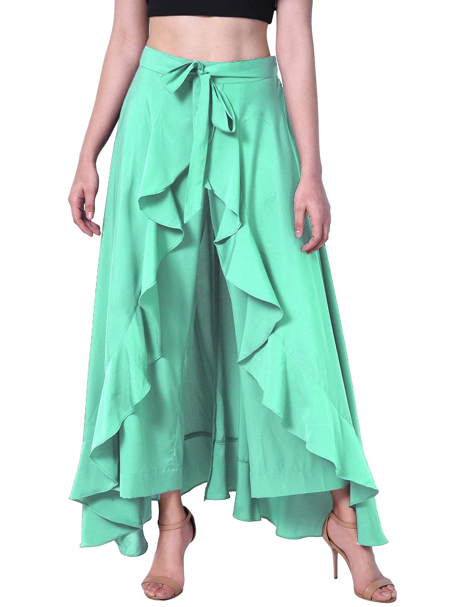 Poshak American Crepe Solid Women's Layered/Ruffle Palazzo with One Waist Tie Band and Side Zipper