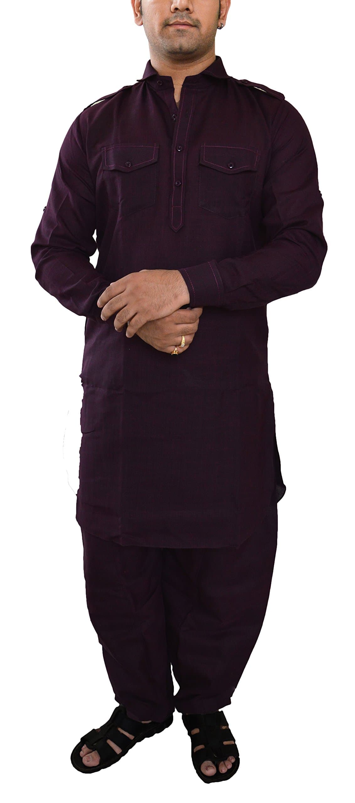 inTrend Men's Cotton Linen Wine Pathani Kurta Salwar